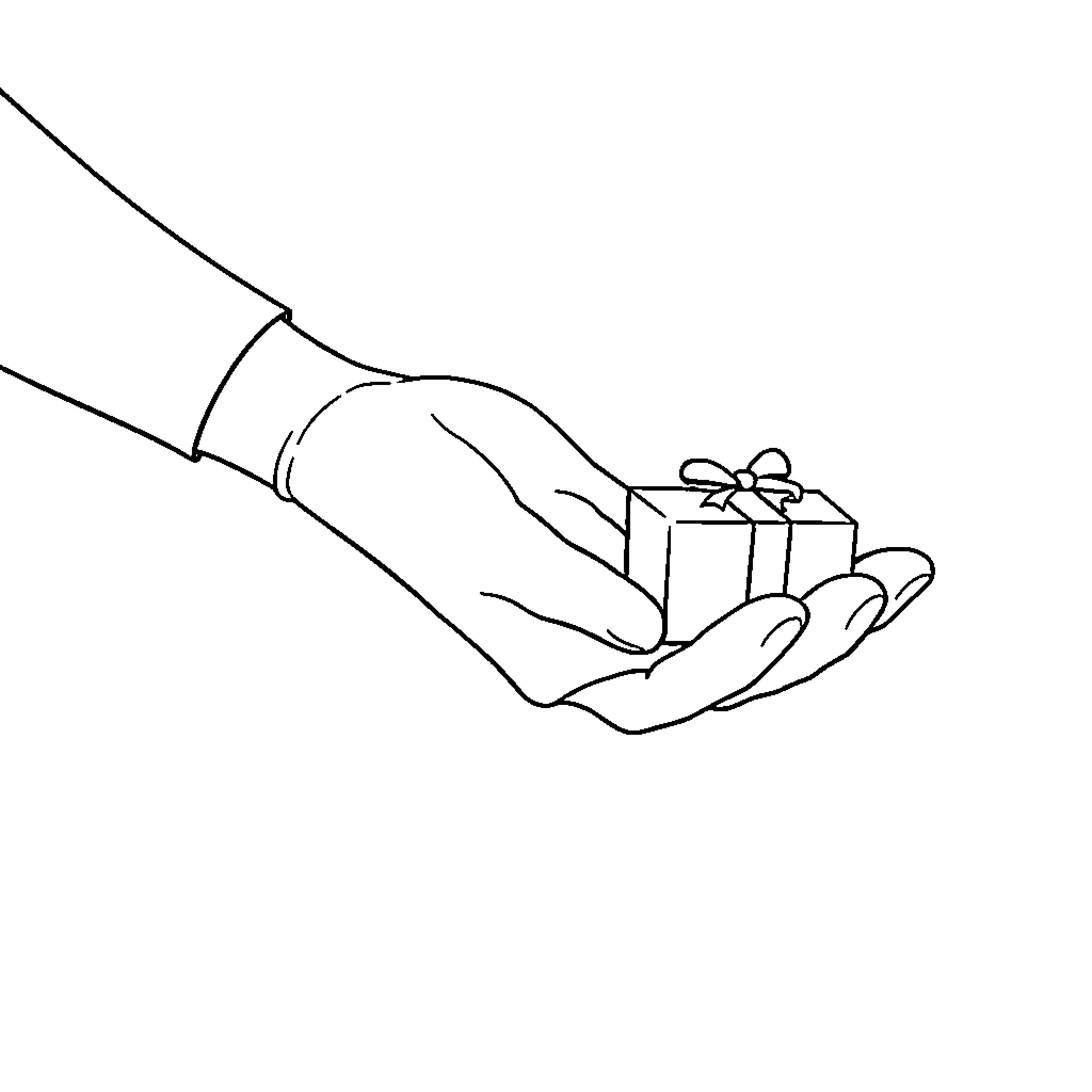 Gift Box Offered by Hand in Gesture Coloring Page (free black-and-white line drawing printable PDF for all, from beginners to advanced learners, including children, teens, adults, and seniors)