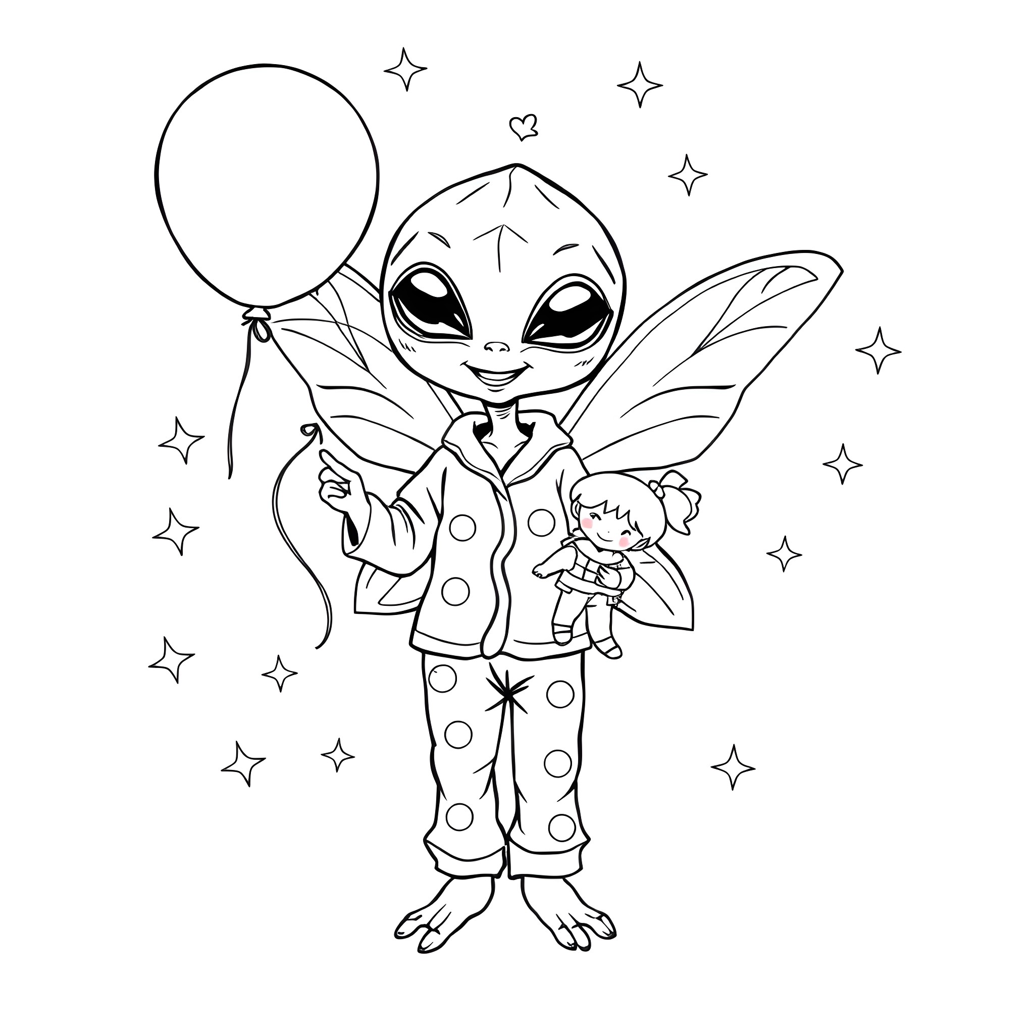 Fairy with a balloon and a doll Coloring Page (free black-and-white line drawing printable PDF for all, from beginners to advanced learners, including children, teens, adults, and seniors)