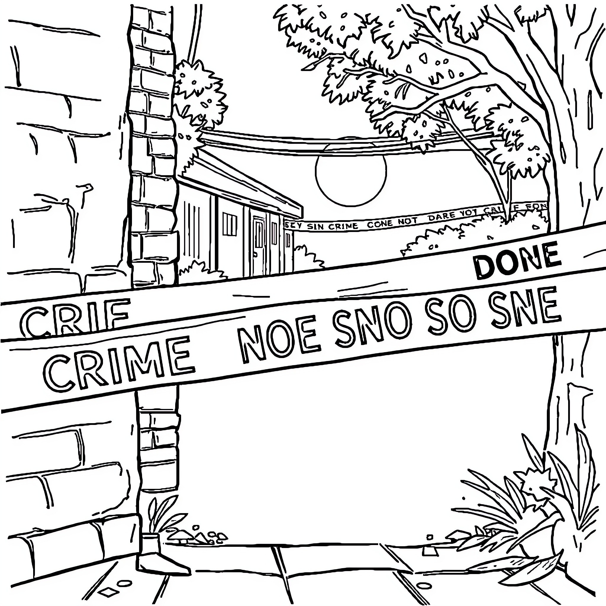 Crime Scene Tape Marks Mysterious Incident Coloring Page (free black-and-white line drawing printable PDF for all, from beginners to advanced learners, including children, teens, adults, and seniors)