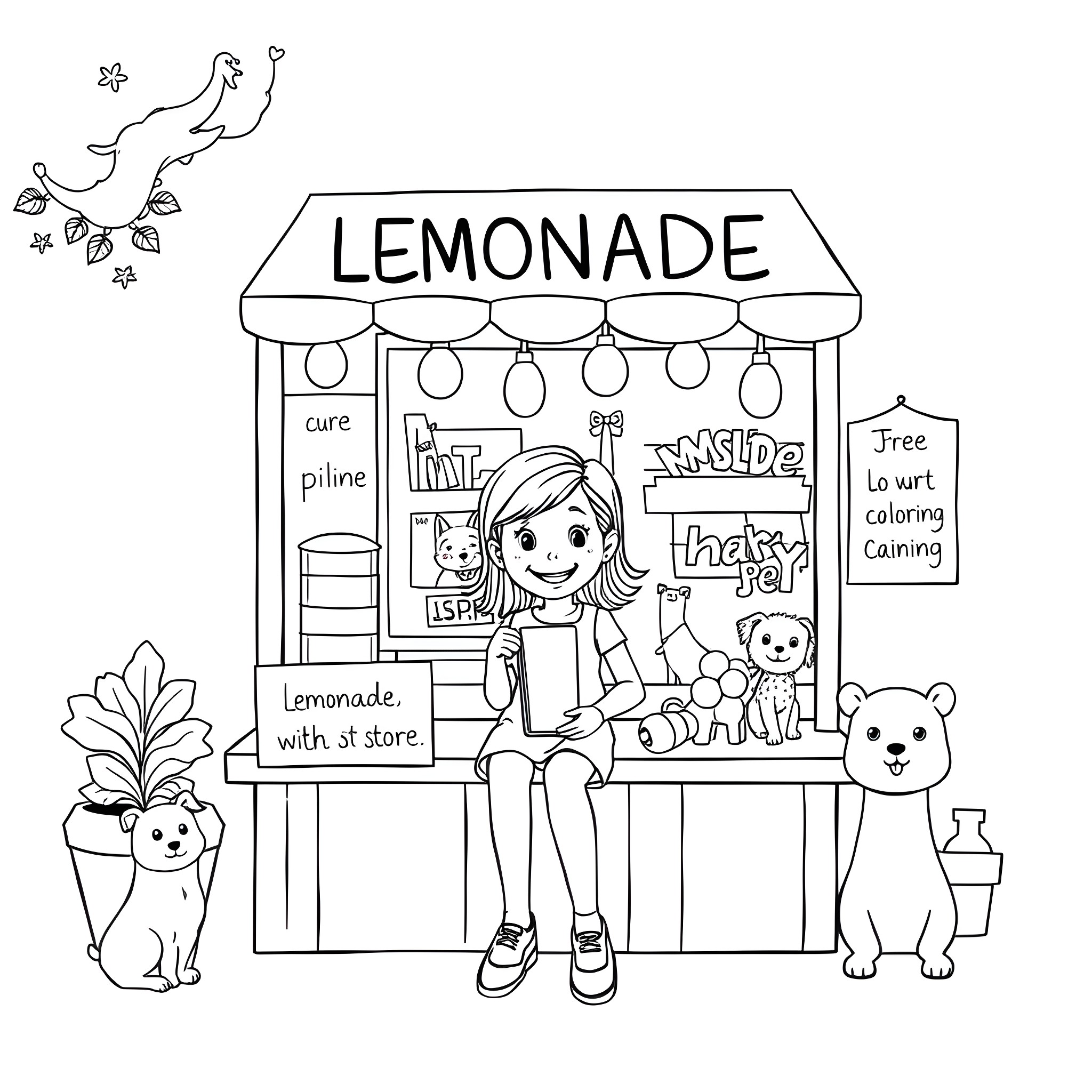 Girl running a lemonade stand with toys Coloring Page (free black-and-white line drawing printable PDF for all, from beginners to advanced learners, including children, teens, adults, and seniors)