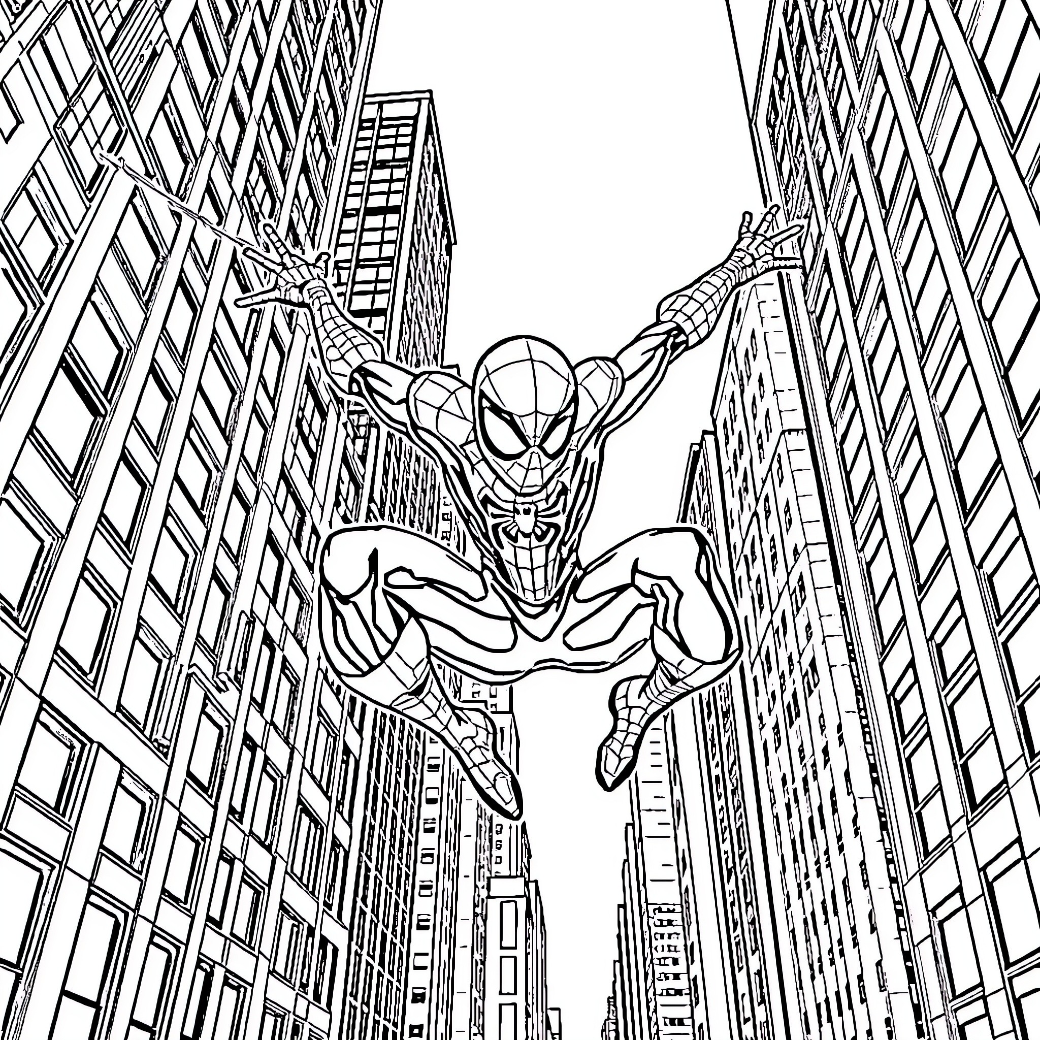 Spiderman swinging through the city skyline Coloring Page (free black-and-white line drawing printable PDF for all, from beginners to advanced learners, including children, teens, adults, and seniors)