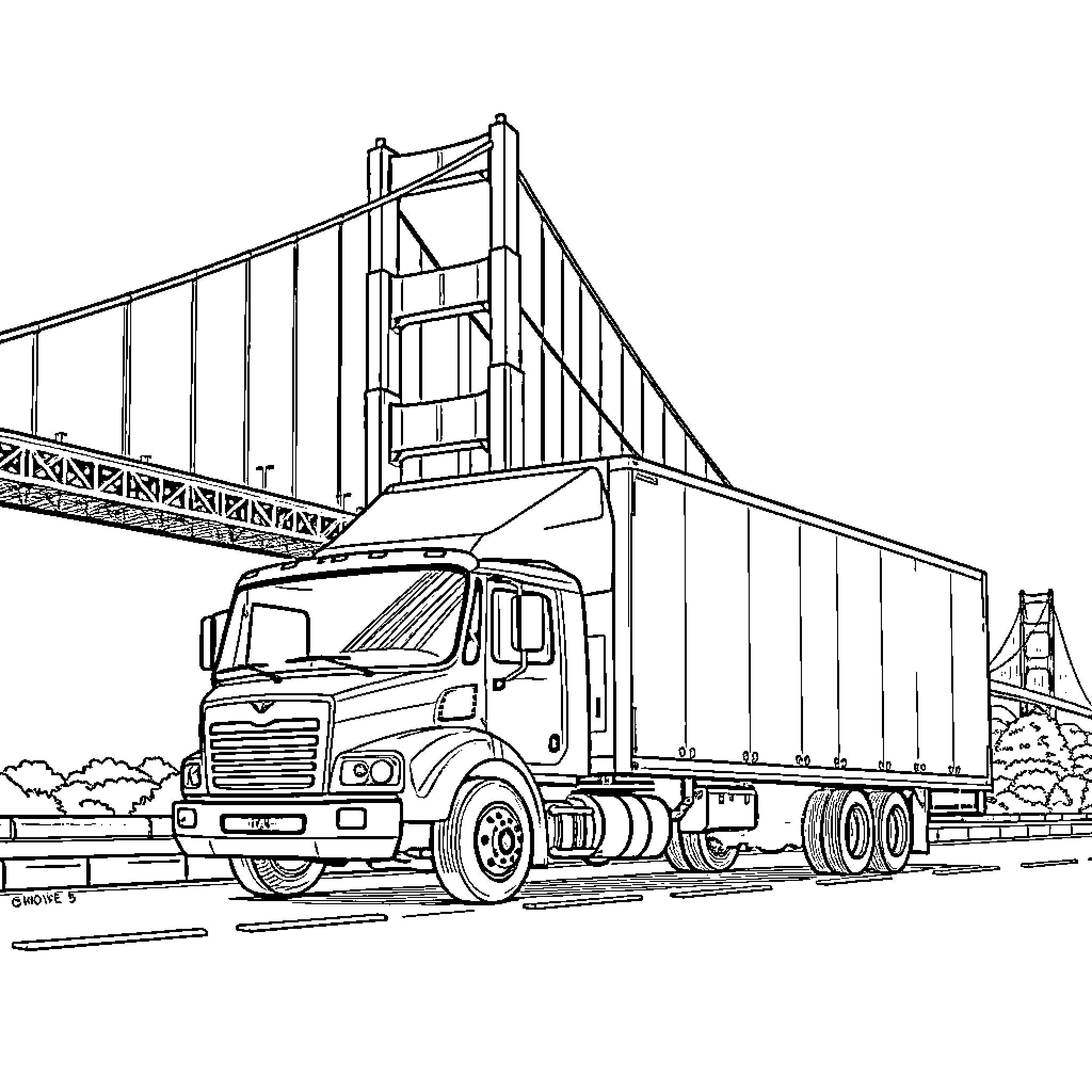 Truck carrying cargo across the bridge Coloring Page (free black-and-white line drawing printable PDF for all, from beginners to advanced learners, including children, teens, adults, and seniors)