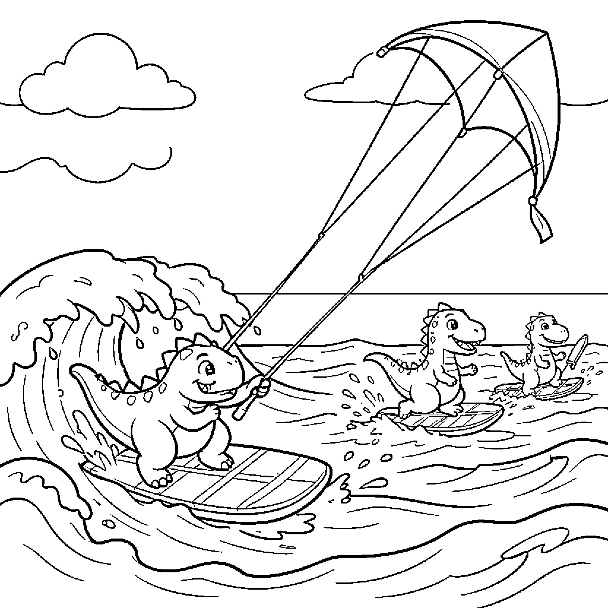 Dinosaur surfing on ocean waves with a kite Coloring Page (free black-and-white line drawing printable PDF for all, from beginners to advanced learners, including children, teens, adults, and seniors)