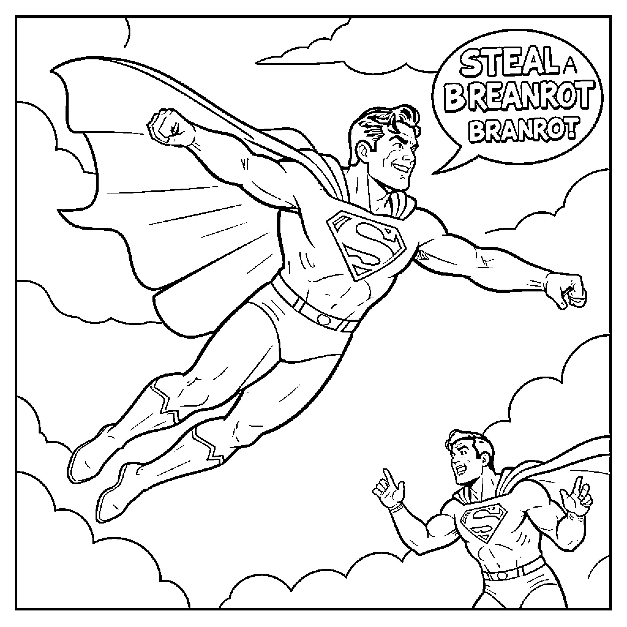 Superman flying through clouds with a determined expression Coloring Page (free black-and-white line drawing printable PDF for all, from beginners to advanced learners, including children, teens, adults, and seniors)