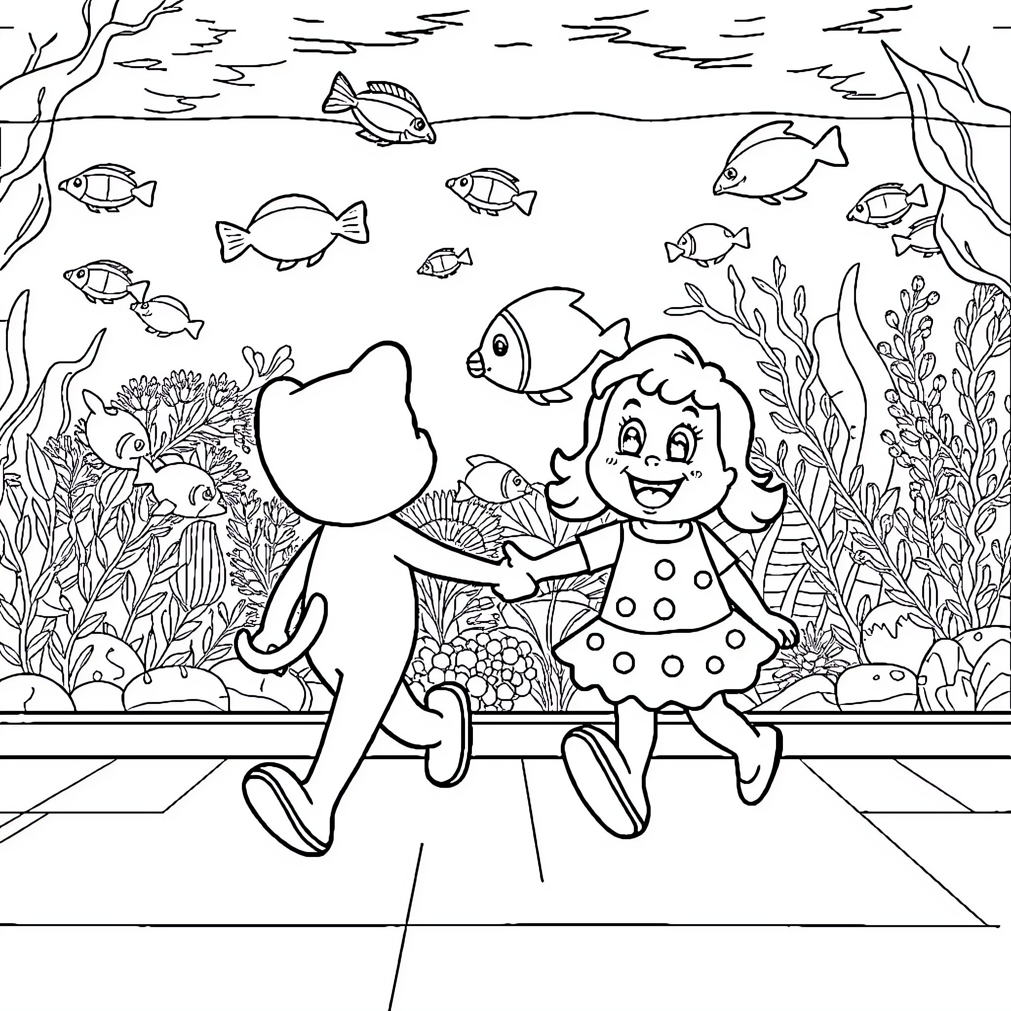 Bluey and Bingo Explore the Underwater World Coloring Page (free black-and-white line drawing printable PDF for all, from beginners to advanced learners, including children, teens, adults, and seniors)