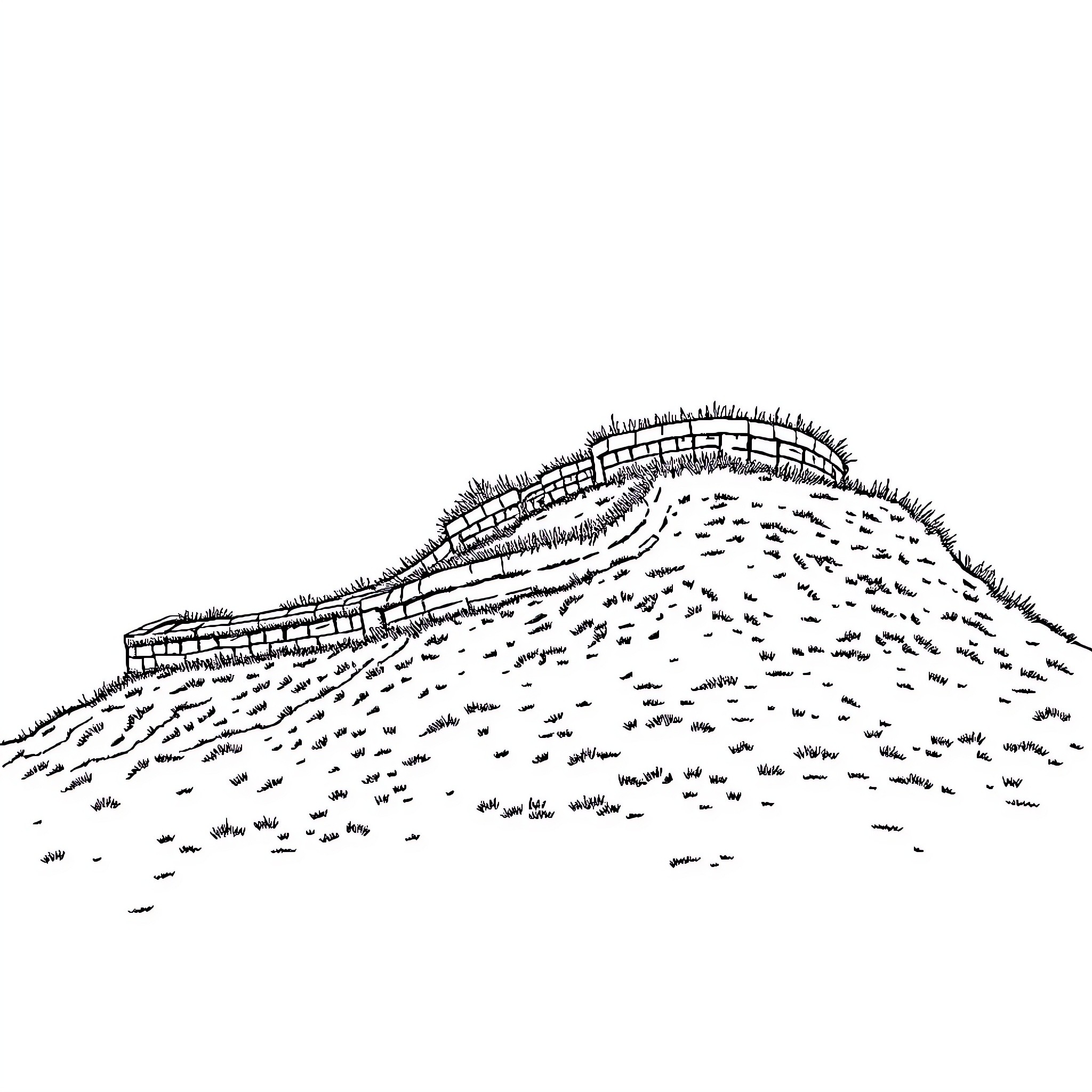 Hill Fort with Winding Pathways Coloring Page (free black-and-white line drawing printable PDF for all, from beginners to advanced learners, including children, teens, adults, and seniors)