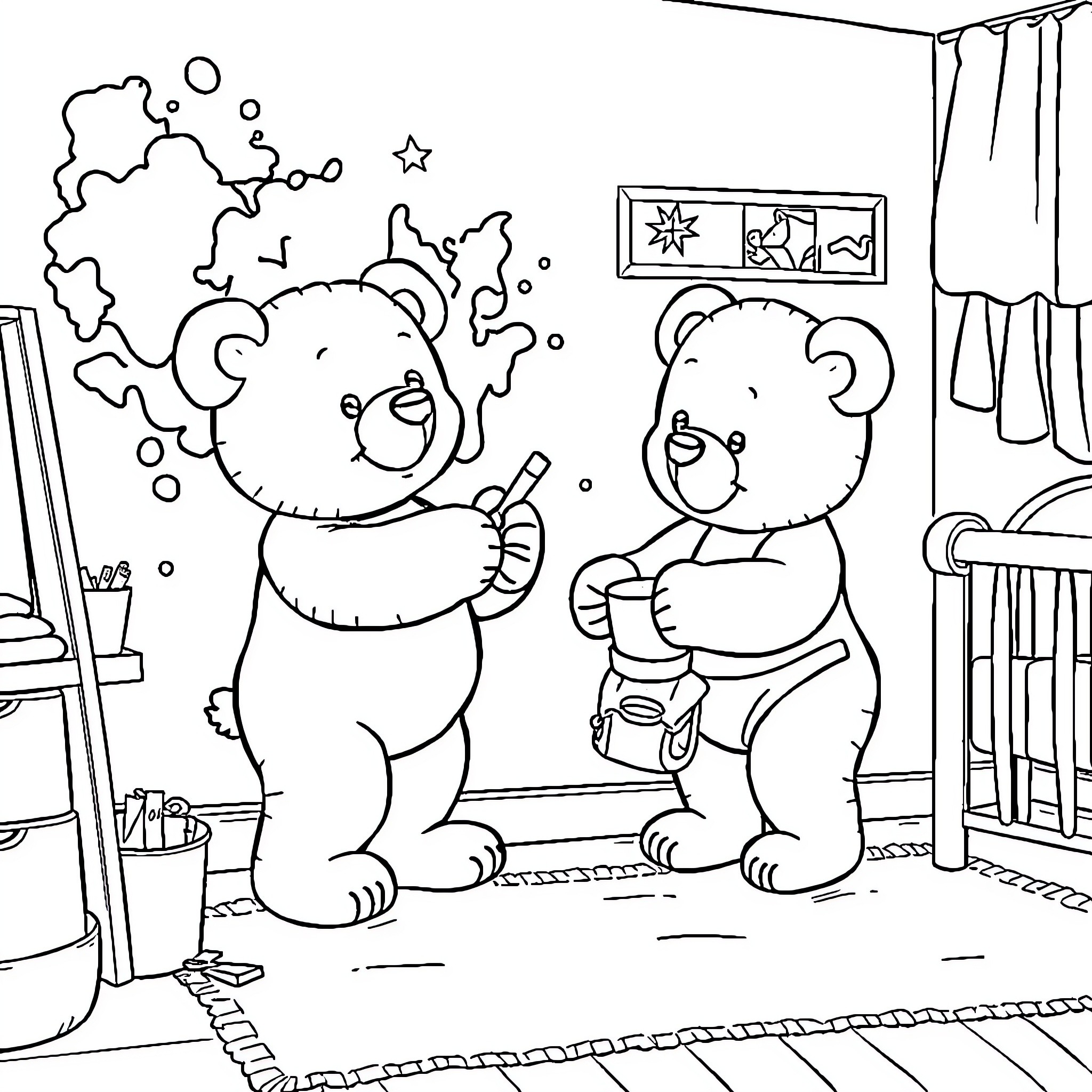Teddy Bears Painting and Drawing in the Room Coloring Page (free black-and-white line drawing printable PDF for all, from beginners to advanced learners, including children, teens, adults, and seniors)