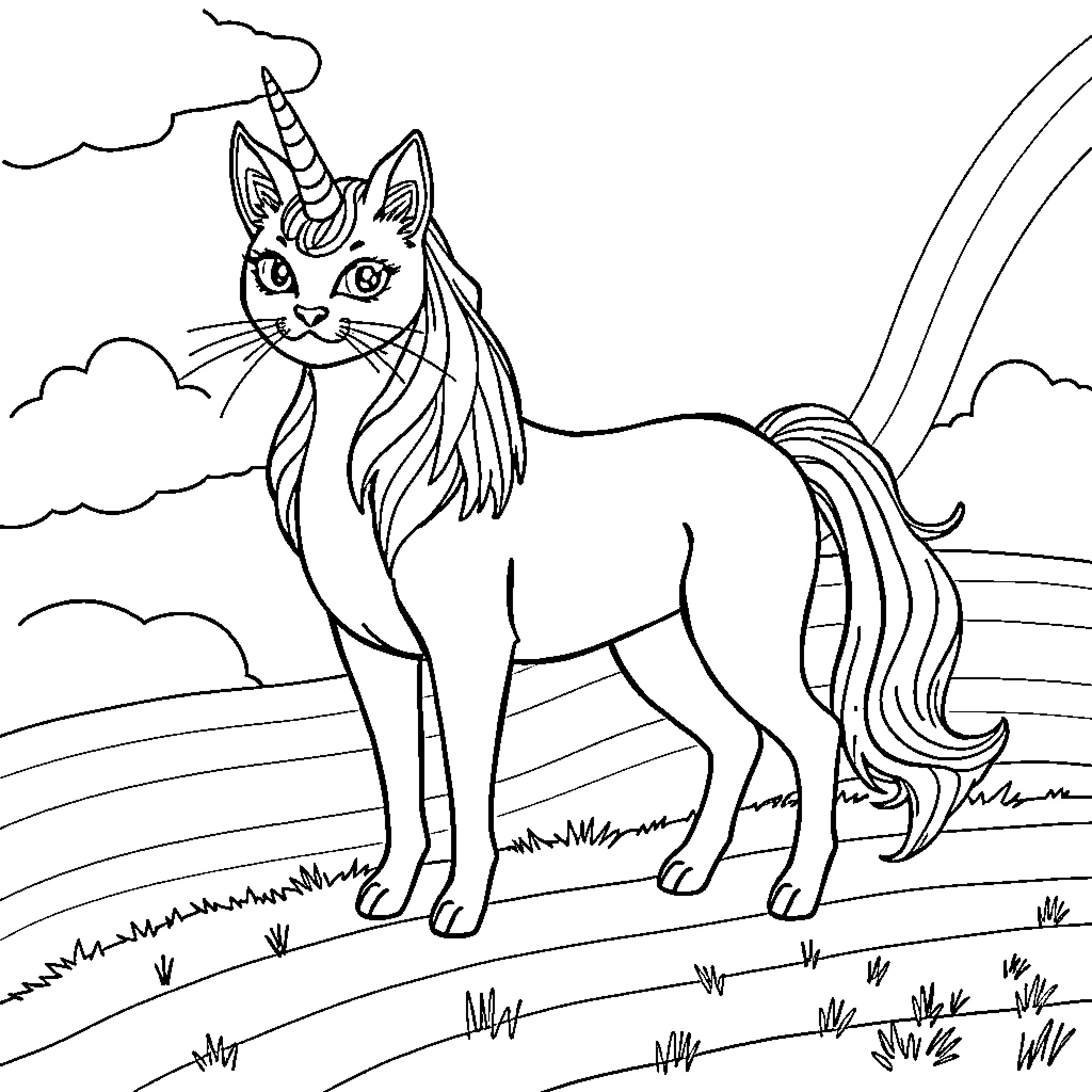 Cat Unicorn standing in a scenic field Coloring Page (free black-and-white line drawing printable PDF for all, from beginners to advanced learners, including children, teens, adults, and seniors)
