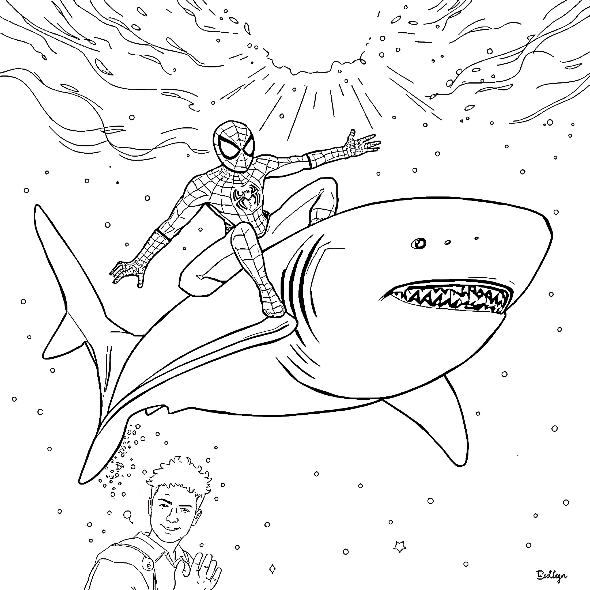 Spiderman's heroic encounter with a shark in space Coloring Page (free black-and-white line drawing printable PDF for all, from beginners to advanced learners, including children, teens, adults, and seniors)