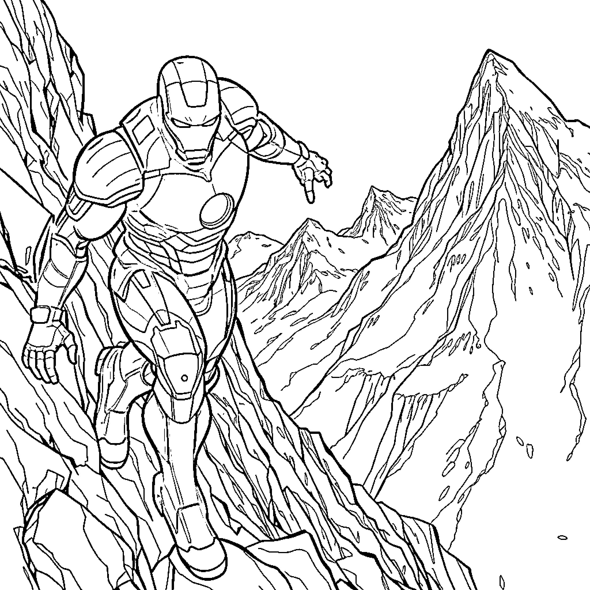 Iron Man Soaring Through Rugged Mountainous Terrain Coloring Page (free black-and-white line drawing printable PDF for all, from beginners to advanced learners, including children, teens, adults, and seniors)