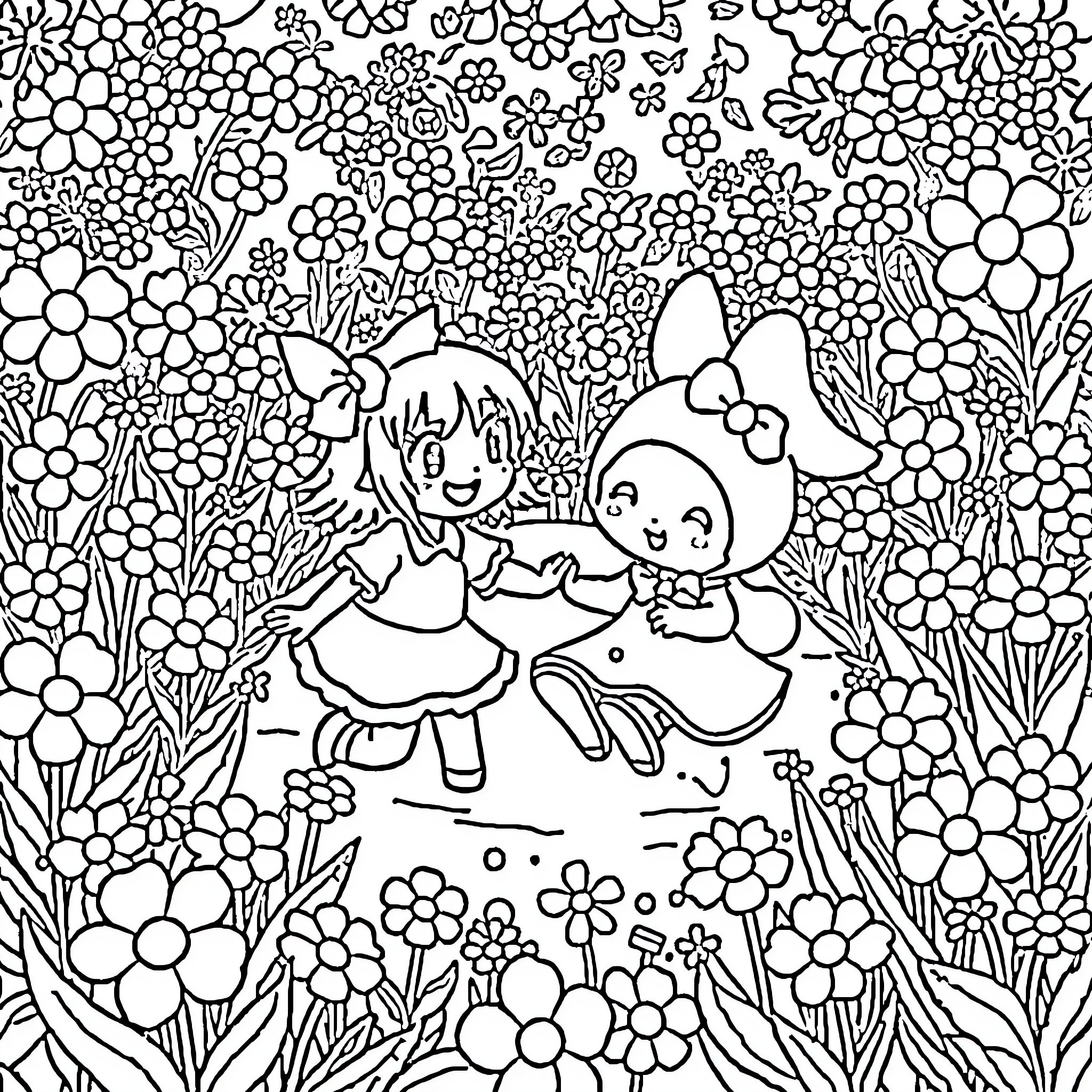 Koromi's Whimsical Floral Adventure Coloring Page (free black-and-white line drawing printable PDF for all, from beginners to advanced learners, including children, teens, adults, and seniors)