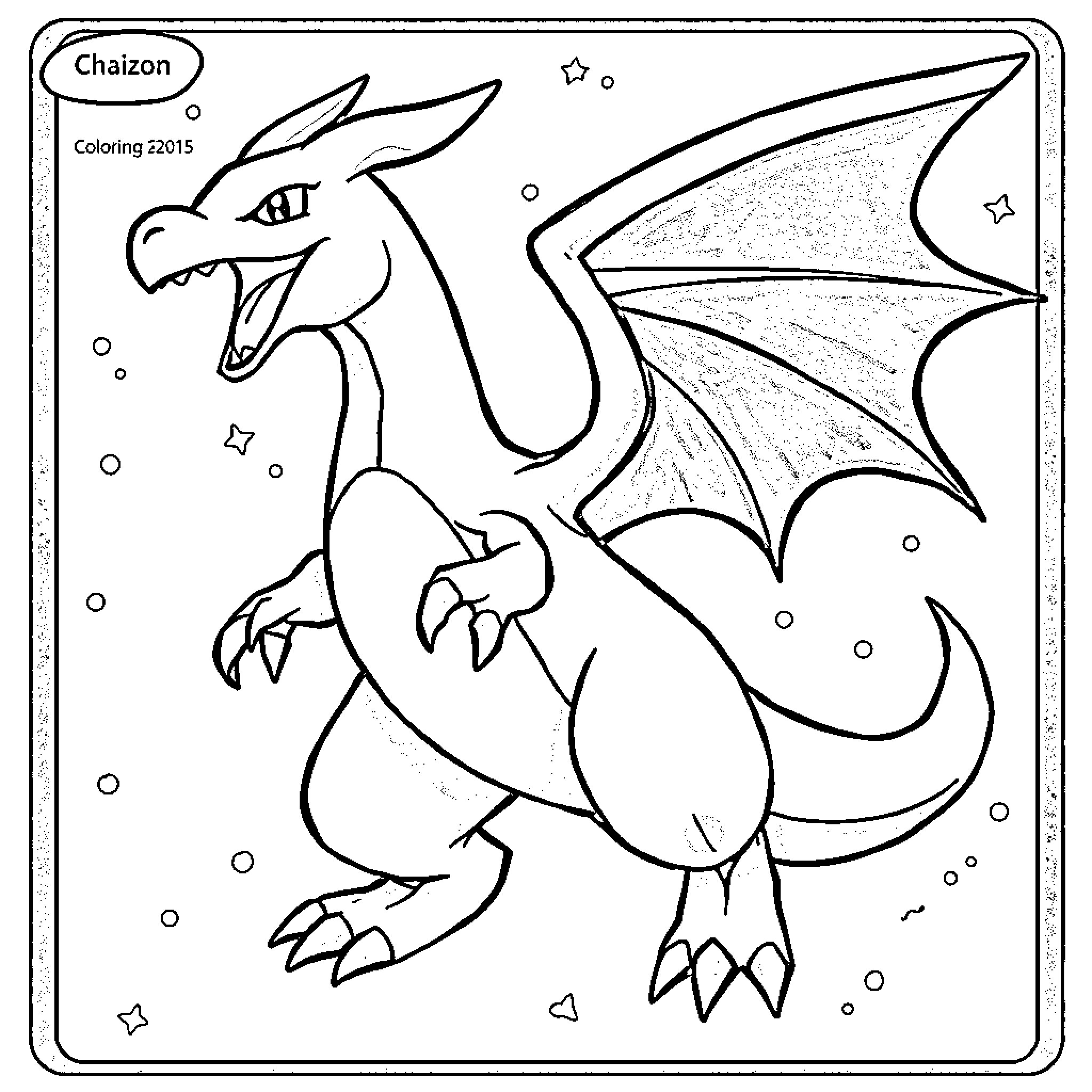 Charizard dragon soaring majestically in starry night Coloring Page (free black-and-white line drawing printable PDF for all, from beginners to advanced learners, including children, teens, adults, and seniors)