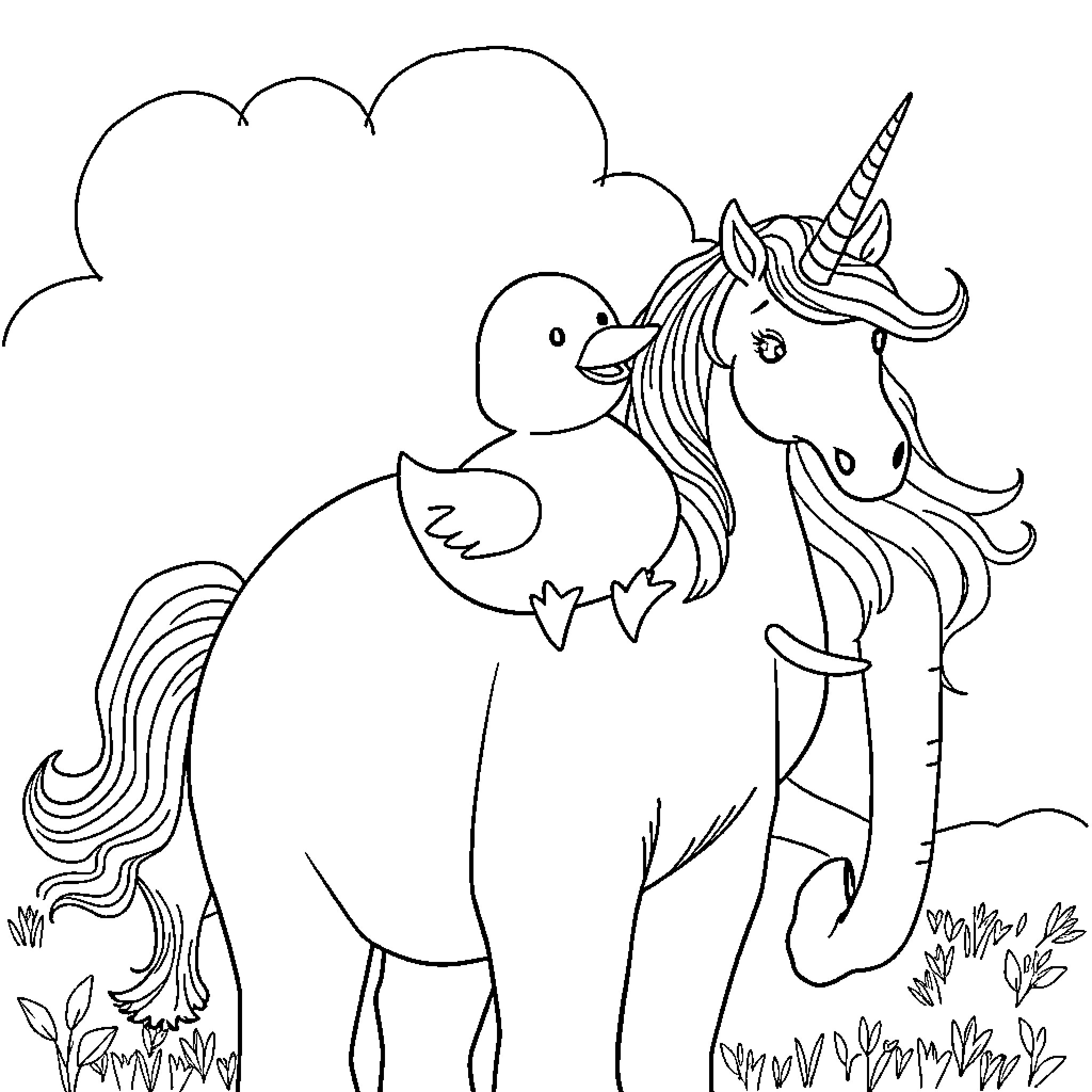 Rubber Duck Befriends Whimsical Unicorn in Meadow Coloring Page (free black-and-white line drawing printable PDF for all, from beginners to advanced learners, including children, teens, adults, and seniors)