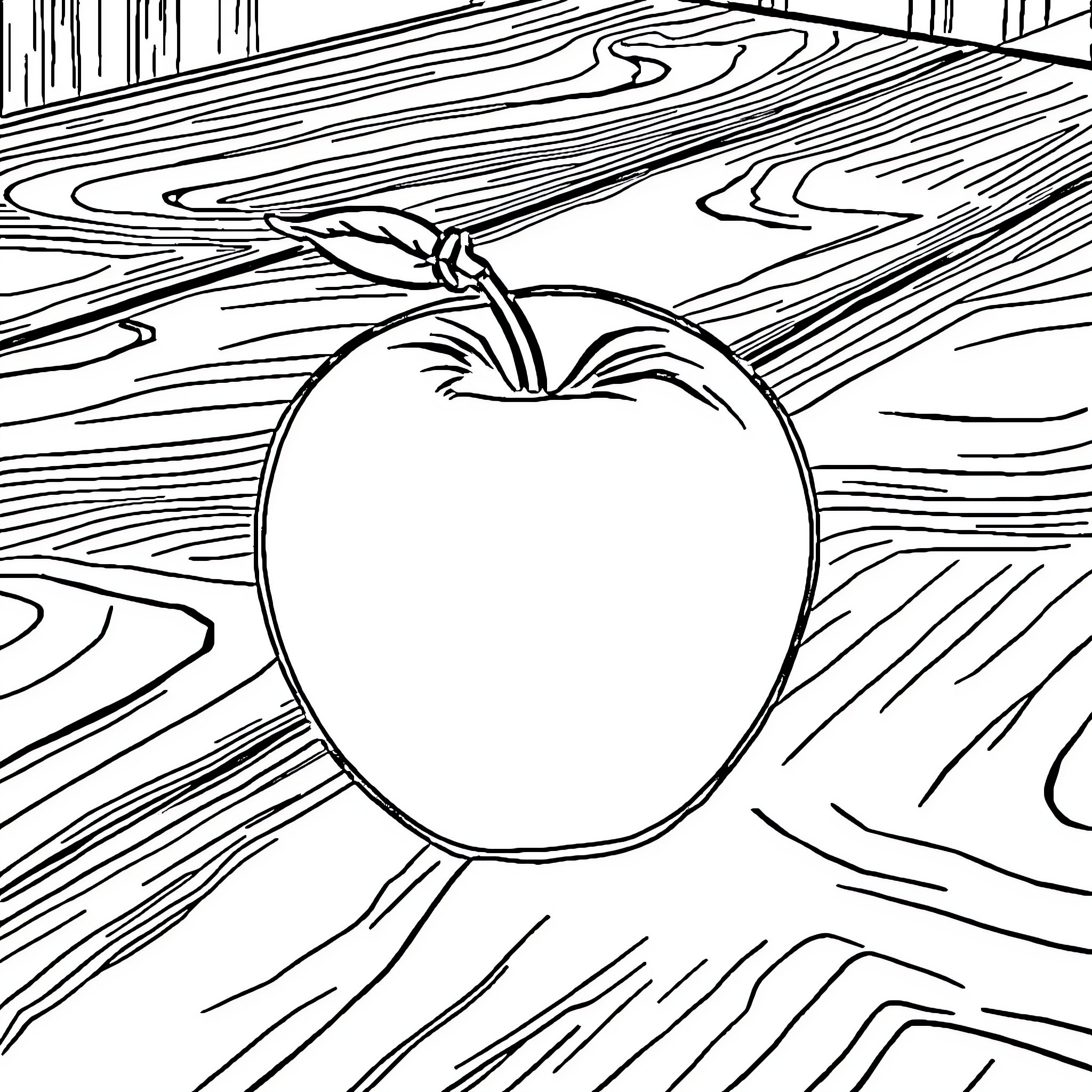 Apple on a Wooden Surface Coloring Page (free black-and-white line drawing printable PDF for all, from beginners to advanced learners, including children, teens, adults, and seniors)