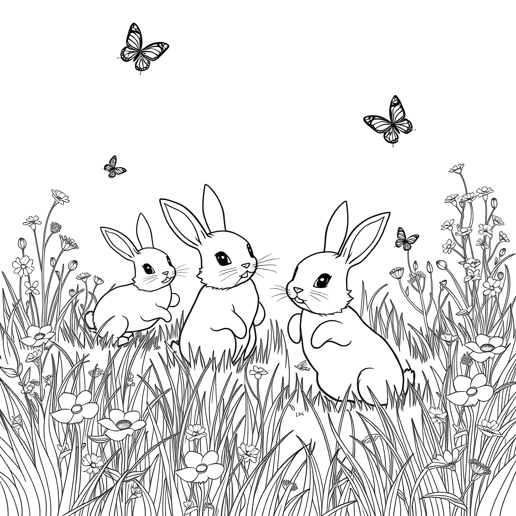 Bunny Bunnies in Spring Meadow with Butterflies Coloring Page (free black-and-white line drawing printable PDF for all, from beginners to advanced learners, including children, teens, adults, and seniors)