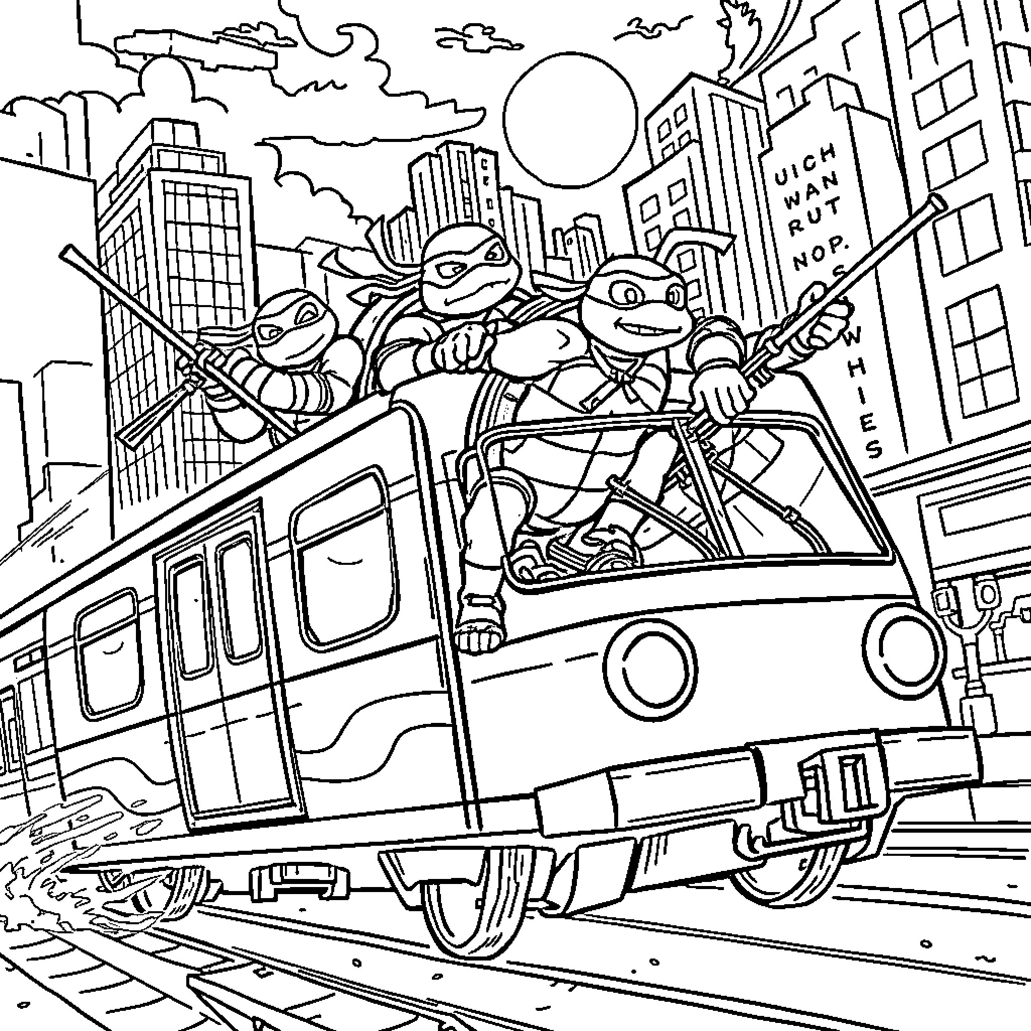 Ninja Turtle heroes riding a subway train in the city Coloring Page (free black-and-white line drawing printable PDF for all, from beginners to advanced learners, including children, teens, adults, and seniors)