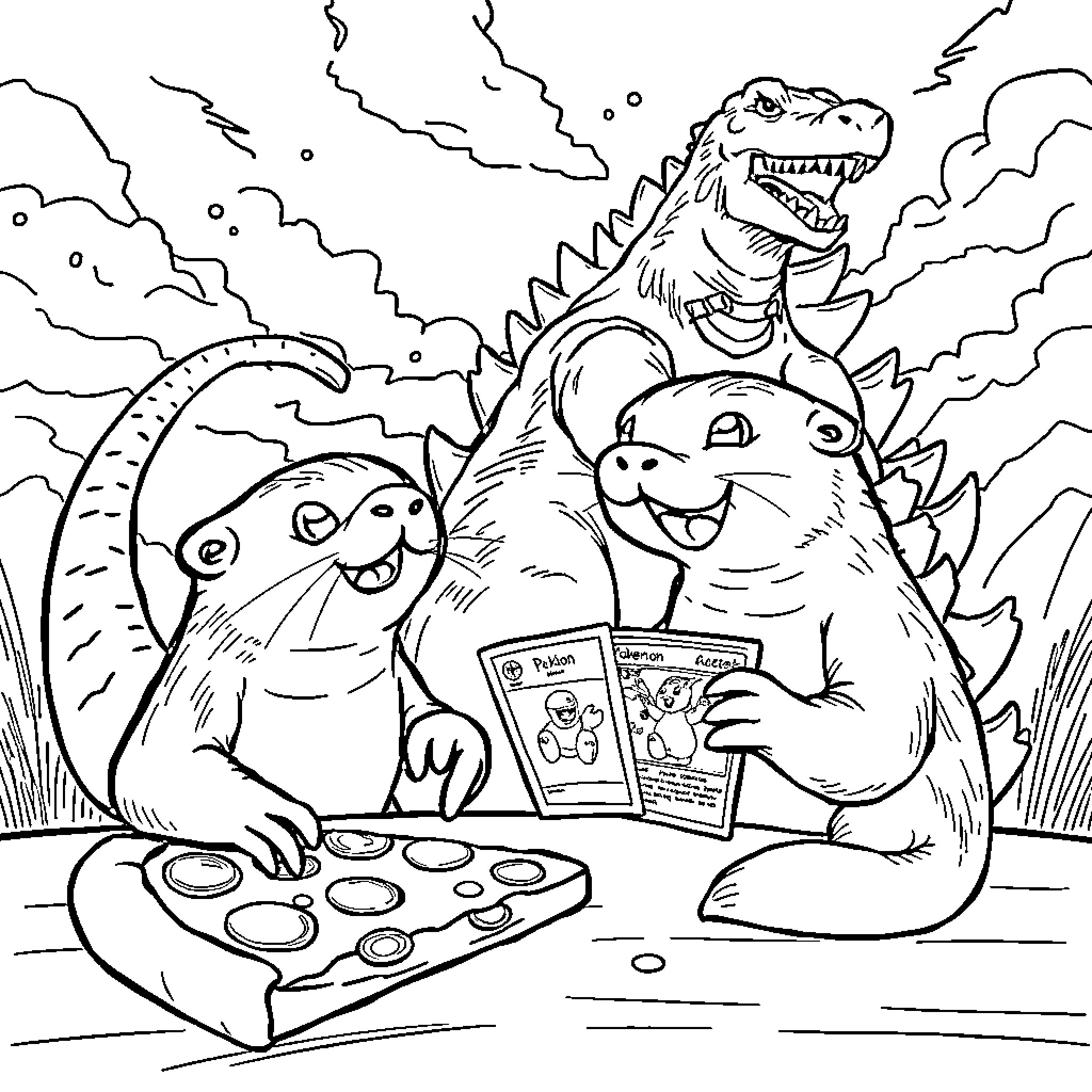 Pizza Party with Funny Dinosaurs and Video Games Coloring Page (free black-and-white line drawing printable PDF for all, from beginners to advanced learners, including children, teens, adults, and seniors)