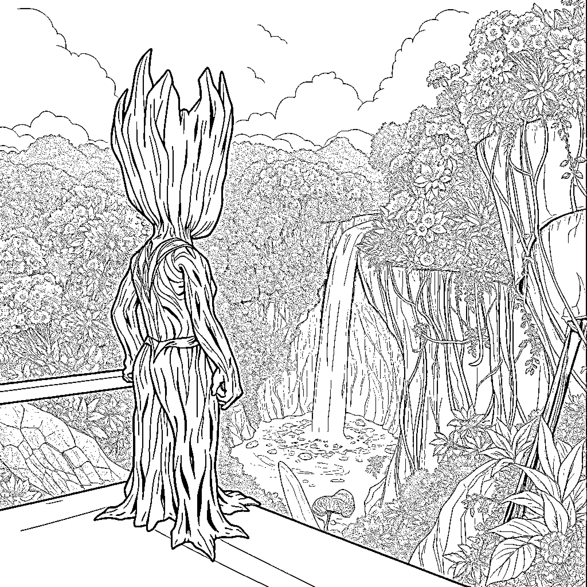 Groot exploring the enchanting forest landscape Coloring Page (free black-and-white line drawing printable PDF for all, from beginners to advanced learners, including children, teens, adults, and seniors)