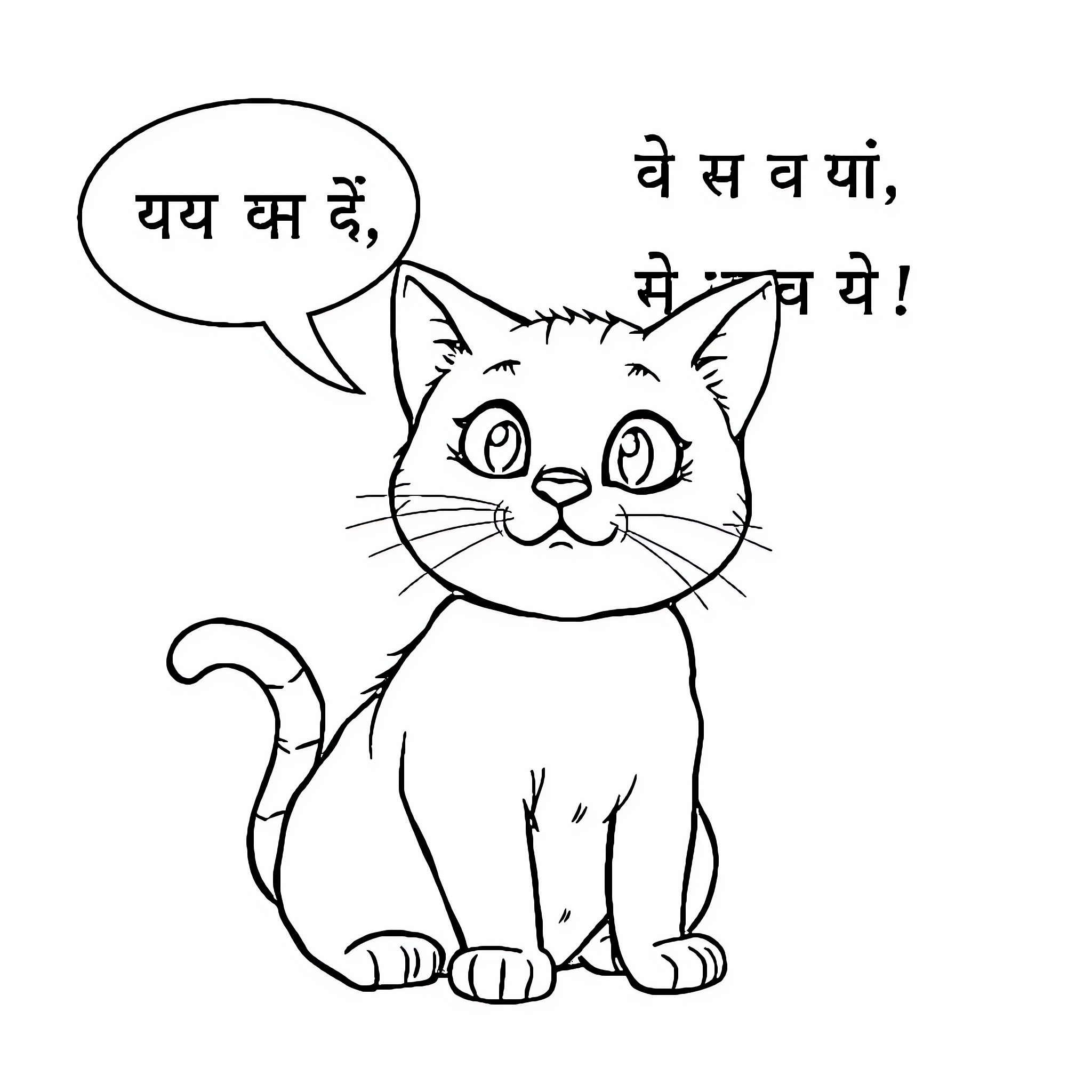 Cat speaking in Hindi Coloring Page (free black-and-white line drawing printable PDF for all, from beginners to advanced learners, including children, teens, adults, and seniors)