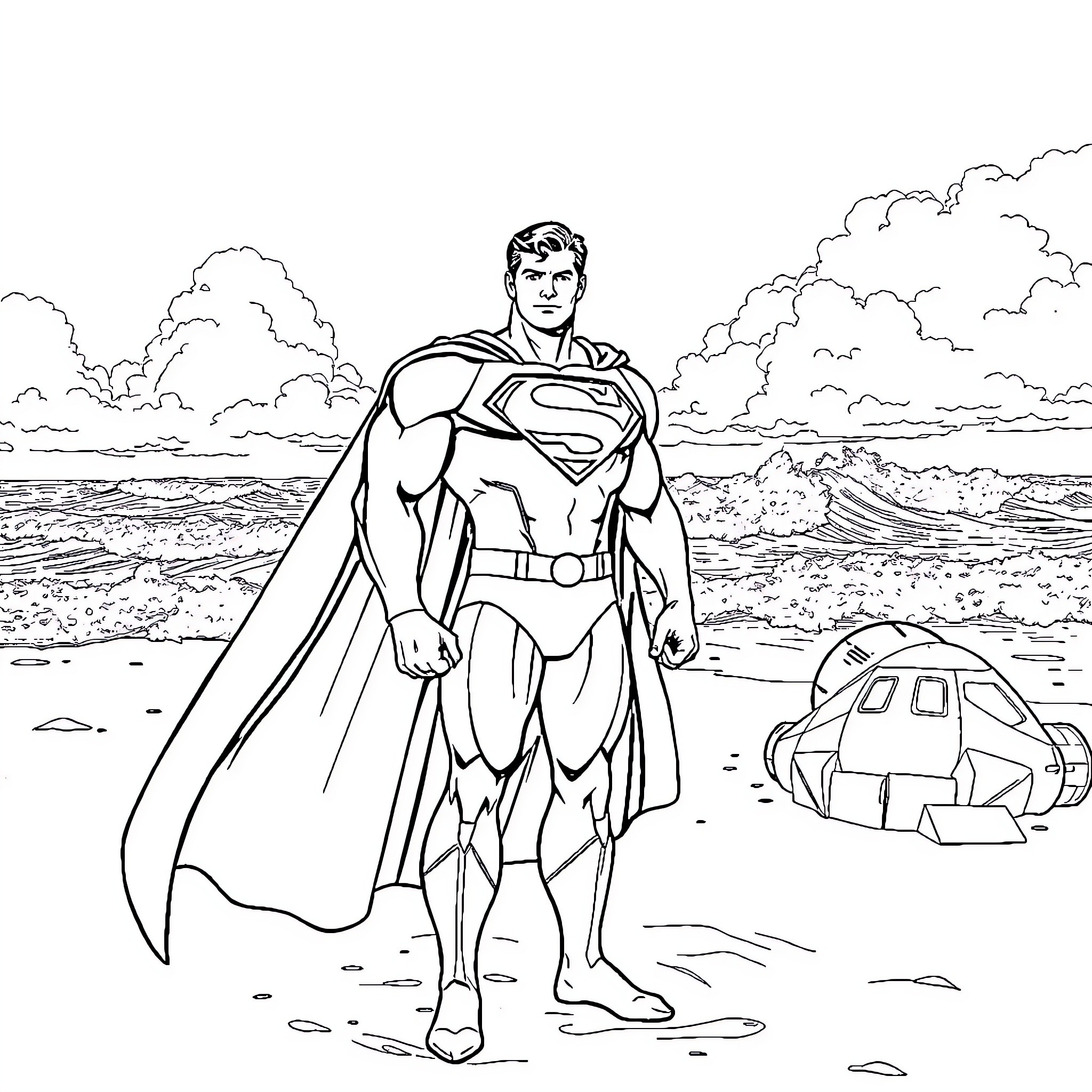 Superman standing heroically on the beach Coloring Page (free black-and-white line drawing printable PDF for all, from beginners to advanced learners, including children, teens, adults, and seniors)
