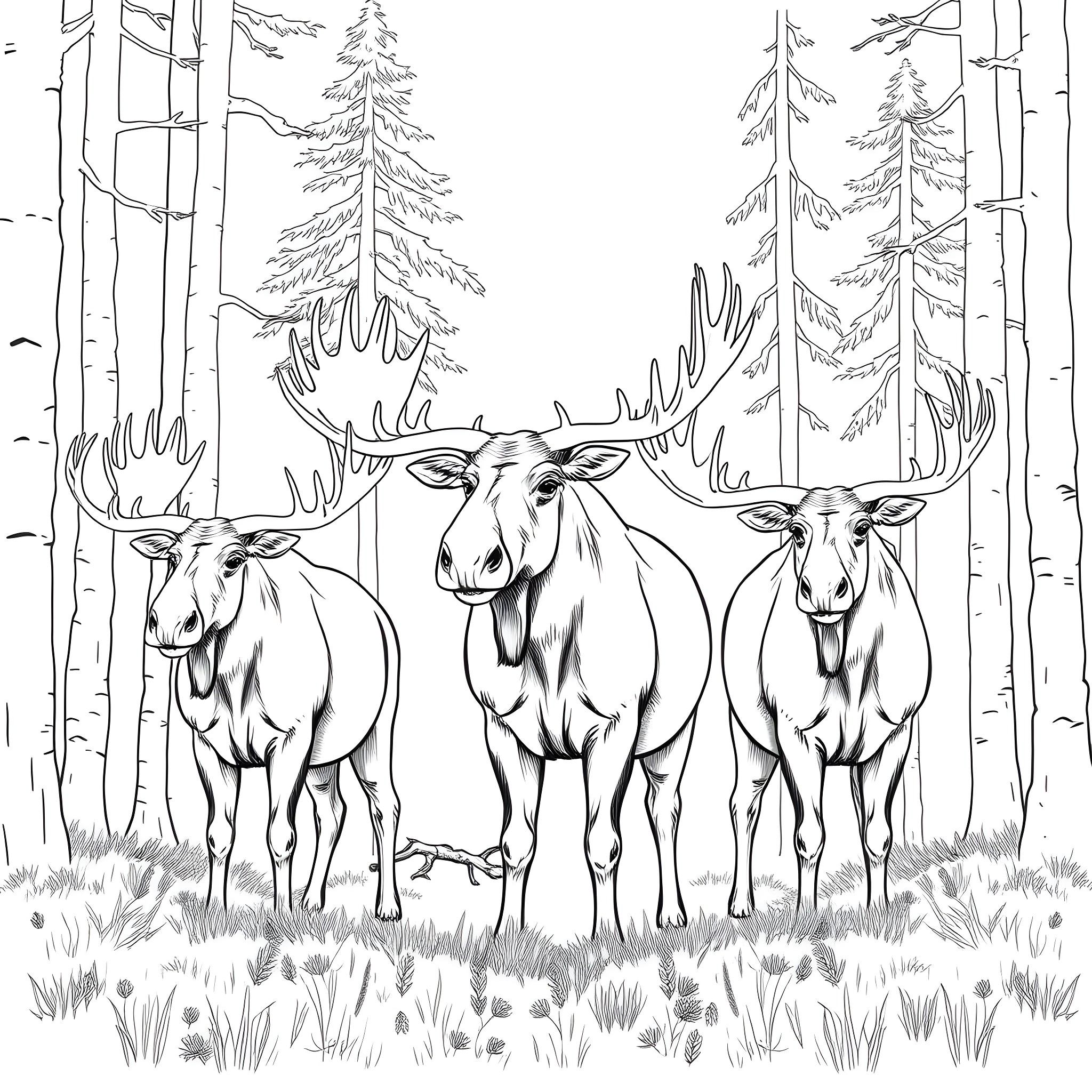 Moose Herd Strolling Through Forested Landscape Coloring Page (free black-and-white line drawing printable PDF for all, from beginners to advanced learners, including children, teens, adults, and seniors)