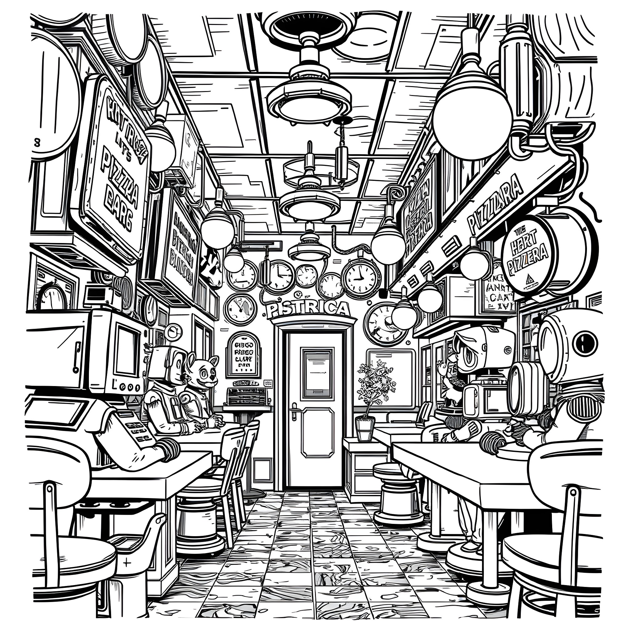 FNAF: Retro Diner Interior with Clocks and Appliances Coloring Page (free black-and-white line drawing printable PDF for all, from beginners to advanced learners, including children, teens, adults, and seniors)