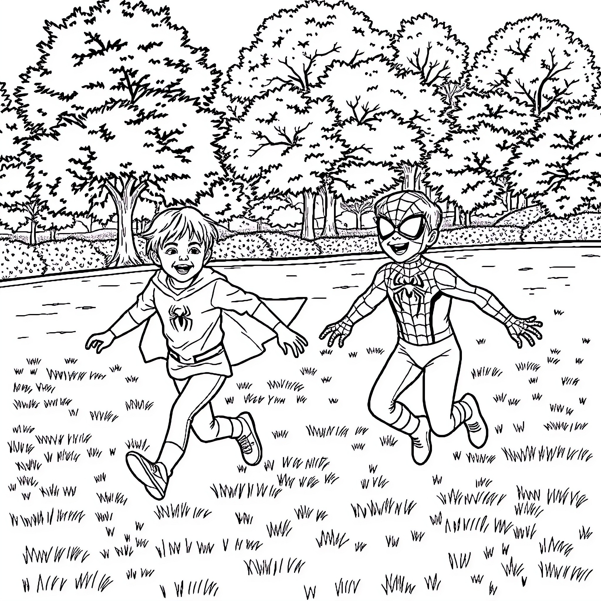 Spider-themed characters running joyfully in the park Coloring Page (free black-and-white line drawing printable PDF for all, from beginners to advanced learners, including children, teens, adults, and seniors)