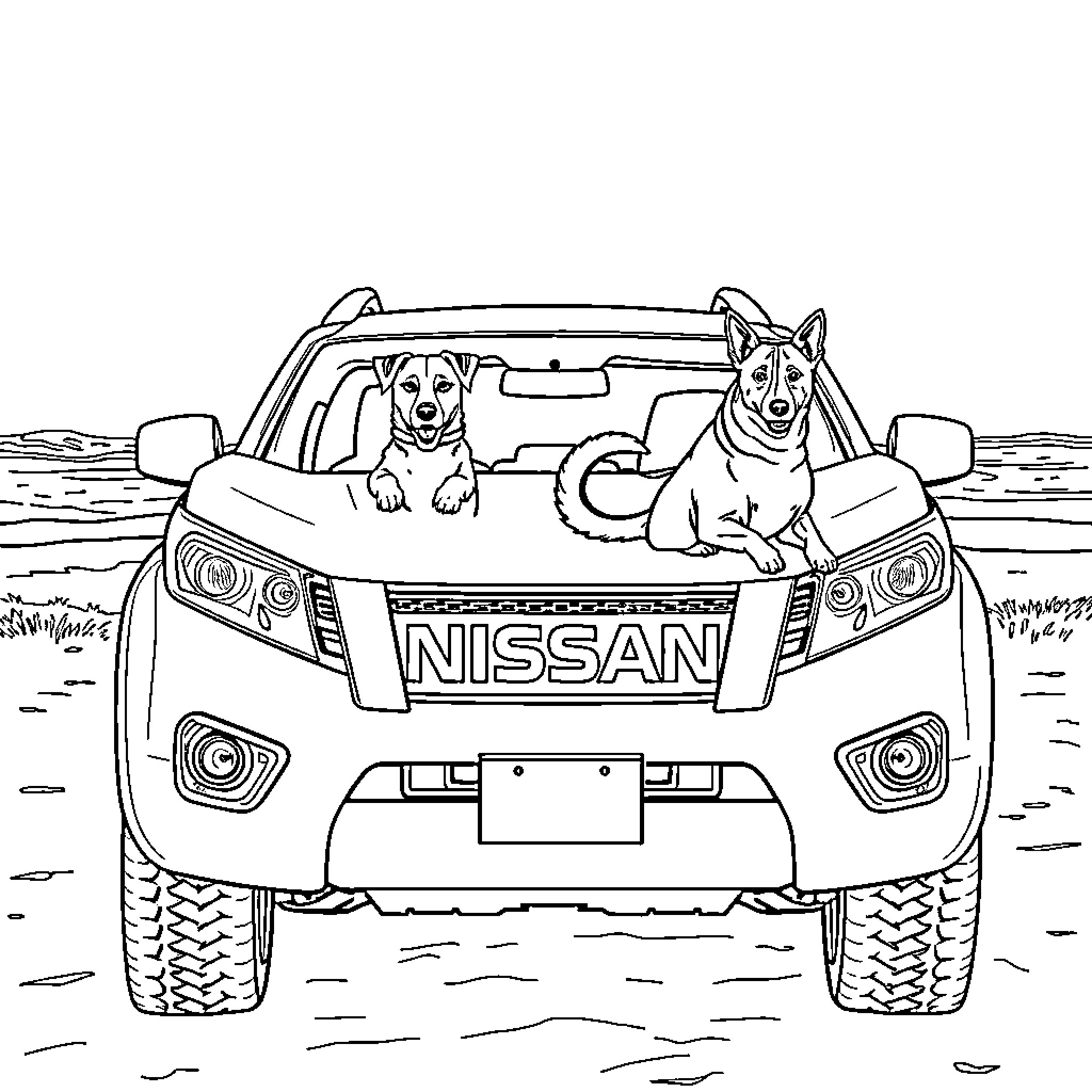 Nissan Navara with playful canine companions Coloring Page (free black-and-white line drawing printable PDF for all, from beginners to advanced learners, including children, teens, adults, and seniors)