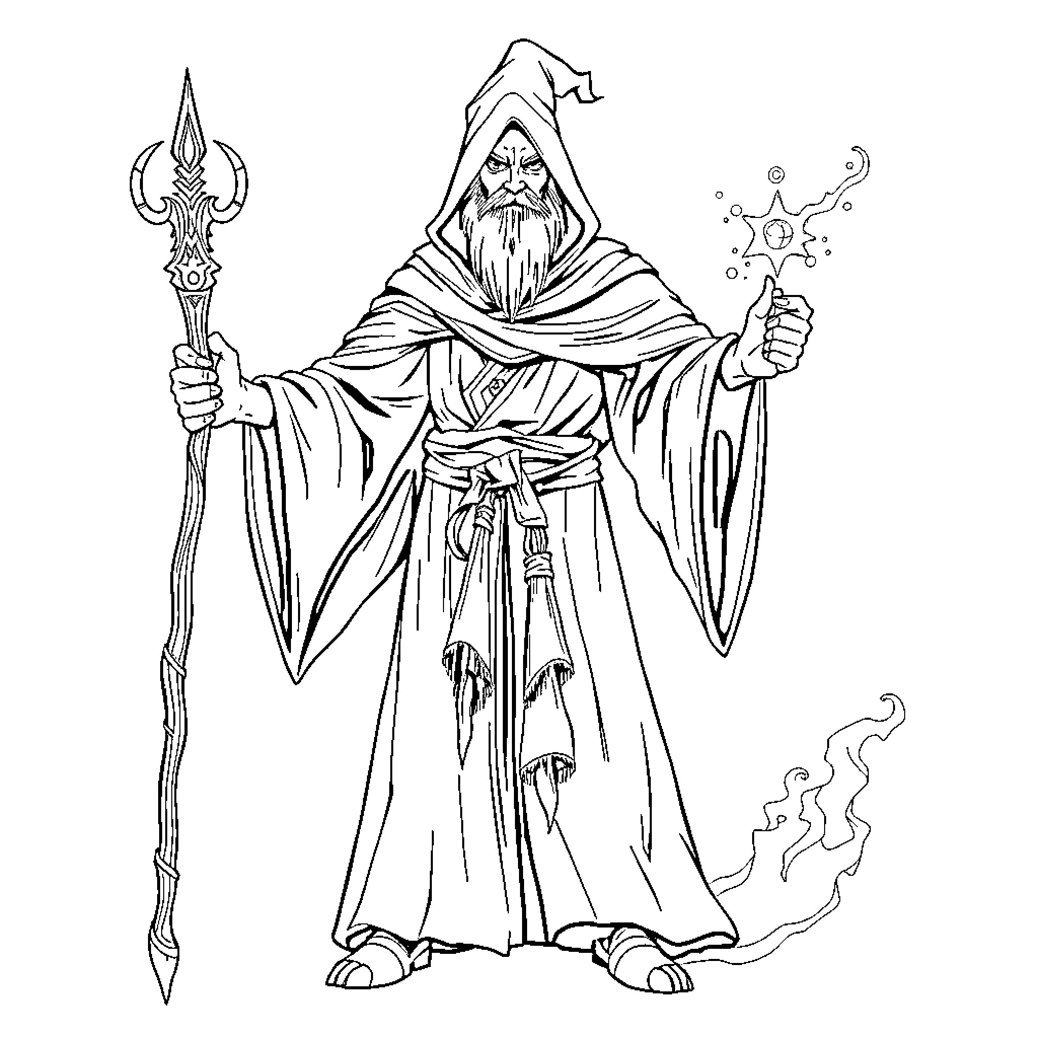 Wizard with Enchanted Staff and Mystical Aura Coloring Page (free black-and-white line drawing printable PDF for all, from beginners to advanced learners, including children, teens, adults, and seniors)