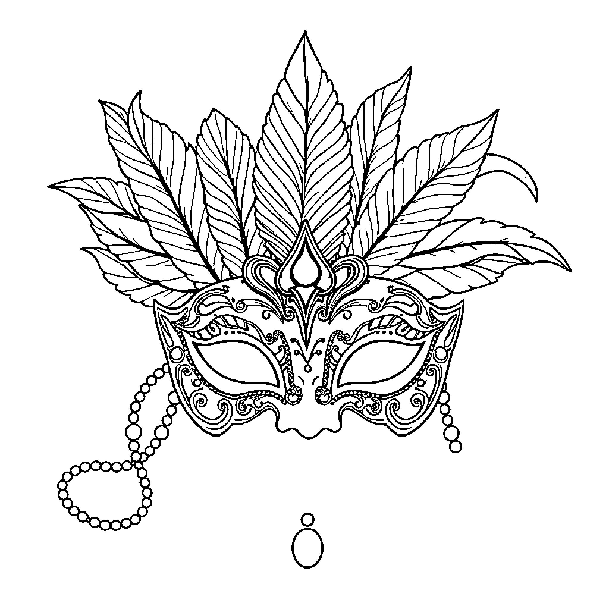 Masque of Ornate Carnival Mask with Feathers Coloring Page (free black-and-white line drawing printable PDF for all, from beginners to advanced learners, including children, teens, adults, and seniors)
