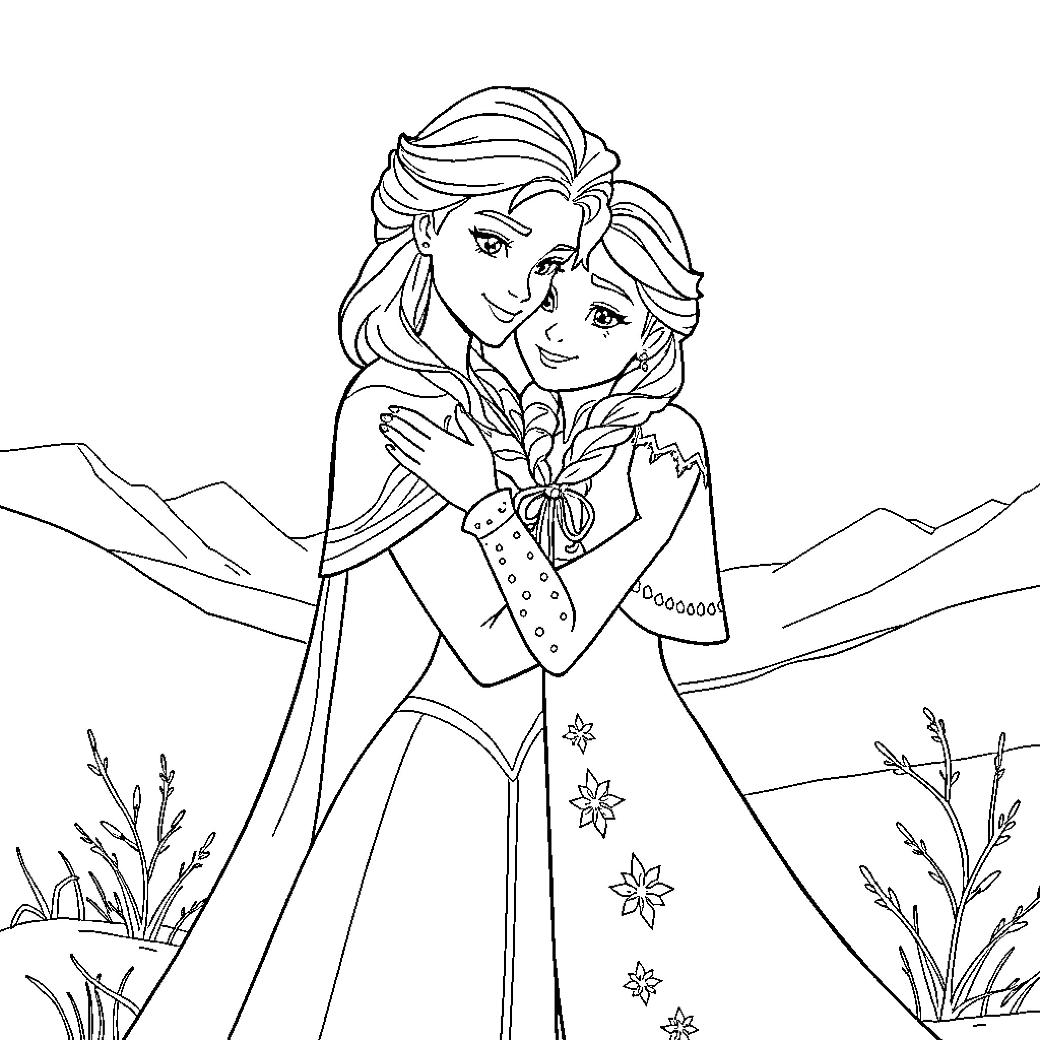 Queen Elsa embracing her sister in a winter landscape Coloring Page (free black-and-white line drawing printable PDF for all, from beginners to advanced learners, including children, teens, adults, and seniors)