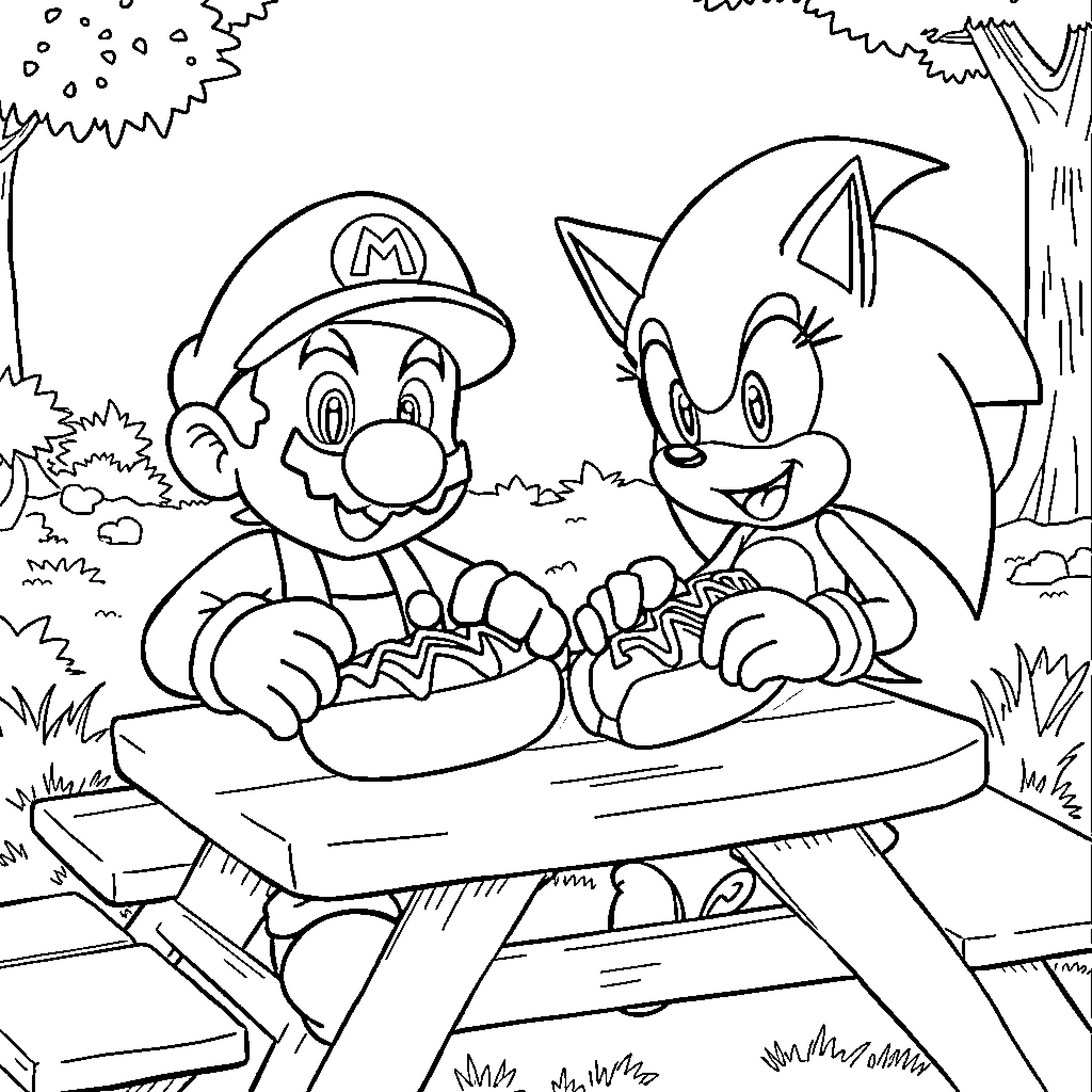 Mario and Sonic enjoying a picnic in the park Coloring Page (free black-and-white line drawing printable PDF for all, from beginners to advanced learners, including children, teens, adults, and seniors)