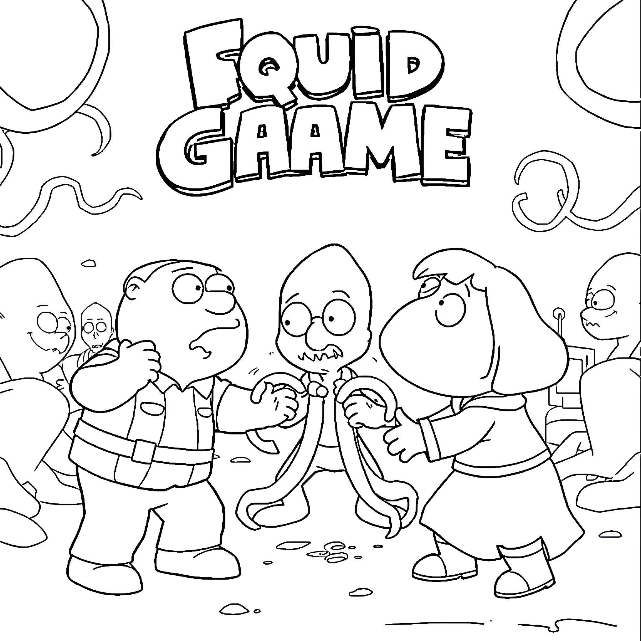 Family Guy characters playing Squid Game Coloring Page (free black-and-white line drawing printable PDF for all, from beginners to advanced learners, including children, teens, adults, and seniors)