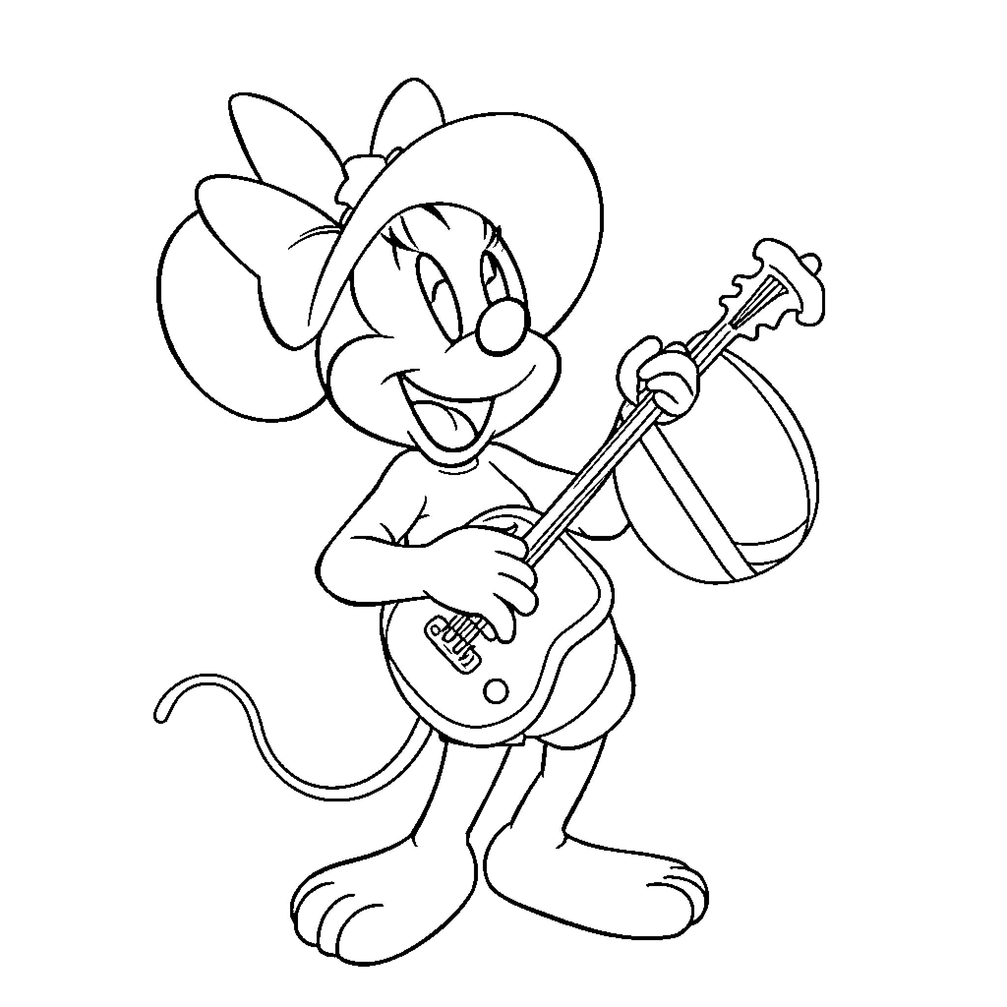 Disney Character playing guitar happily Coloring Page (free black-and-white line drawing printable PDF for all, from beginners to advanced learners, including children, teens, adults, and seniors)