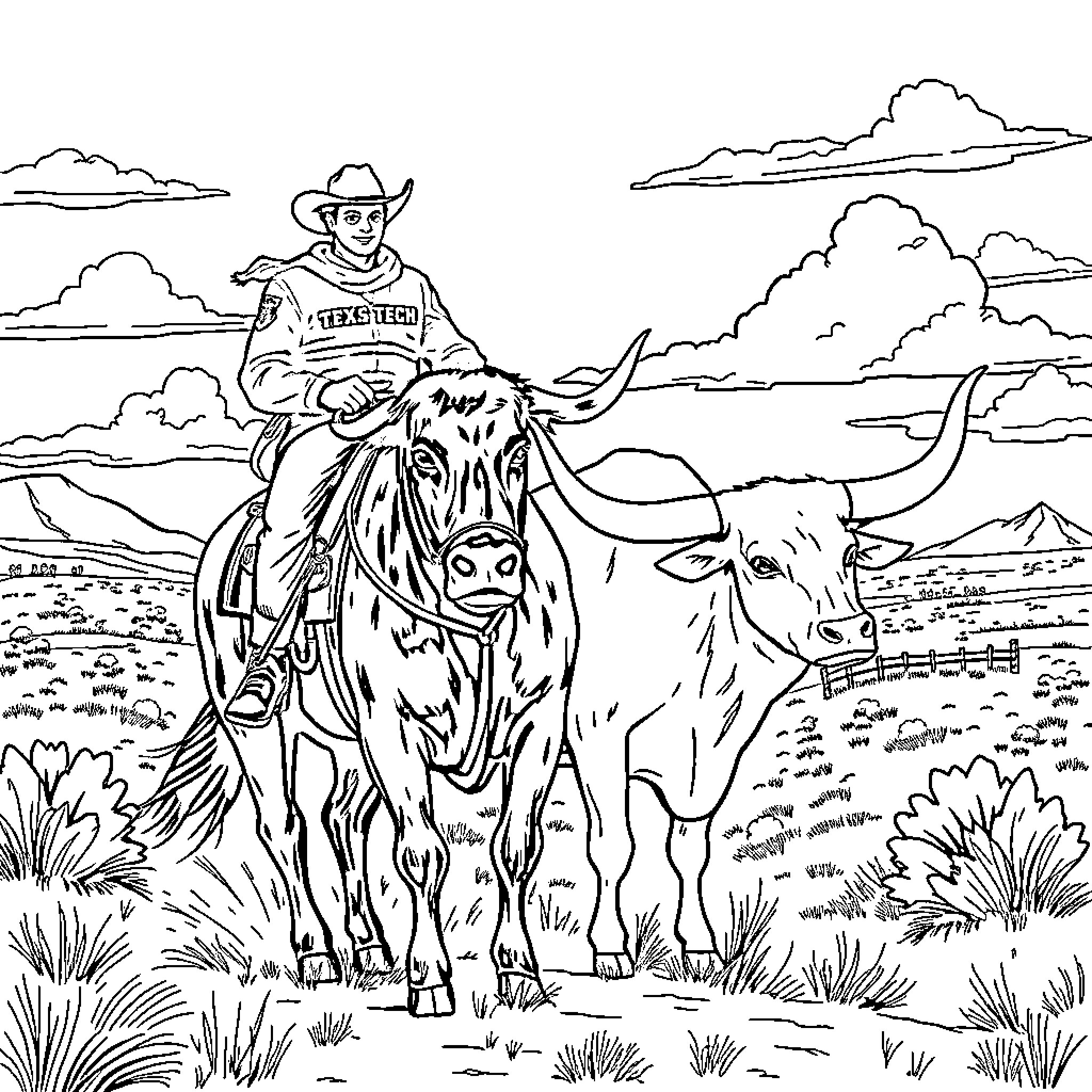 Bevo on the Ranch: Cowboy and Longhorn in Scenic Landscape Coloring Page (free black-and-white line drawing printable PDF for all, from beginners to advanced learners, including children, teens, adults, and seniors)