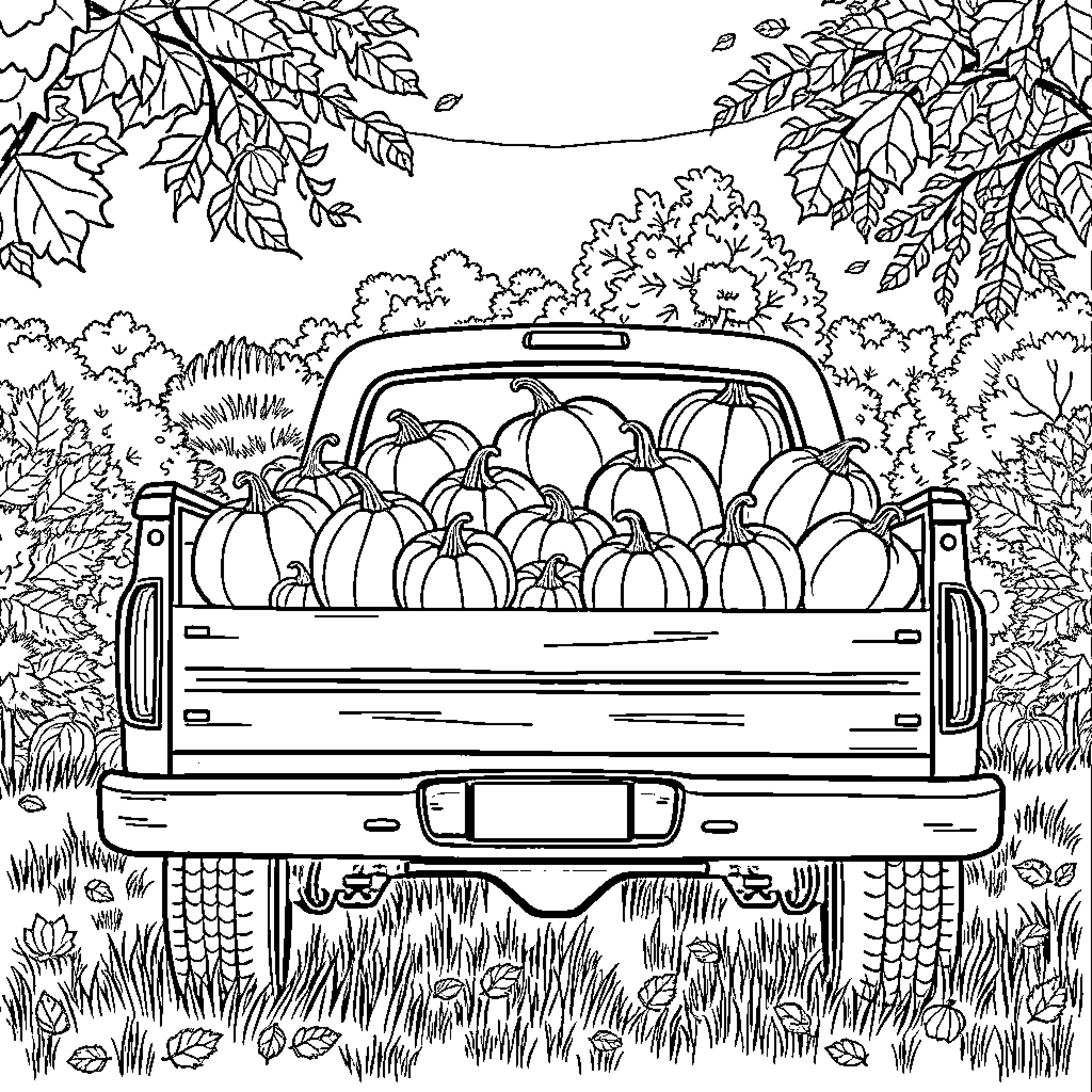 Pumpkin Harvest in the Autumn Foliage Coloring Page (free black-and-white line drawing printable PDF for all, from beginners to advanced learners, including children, teens, adults, and seniors)