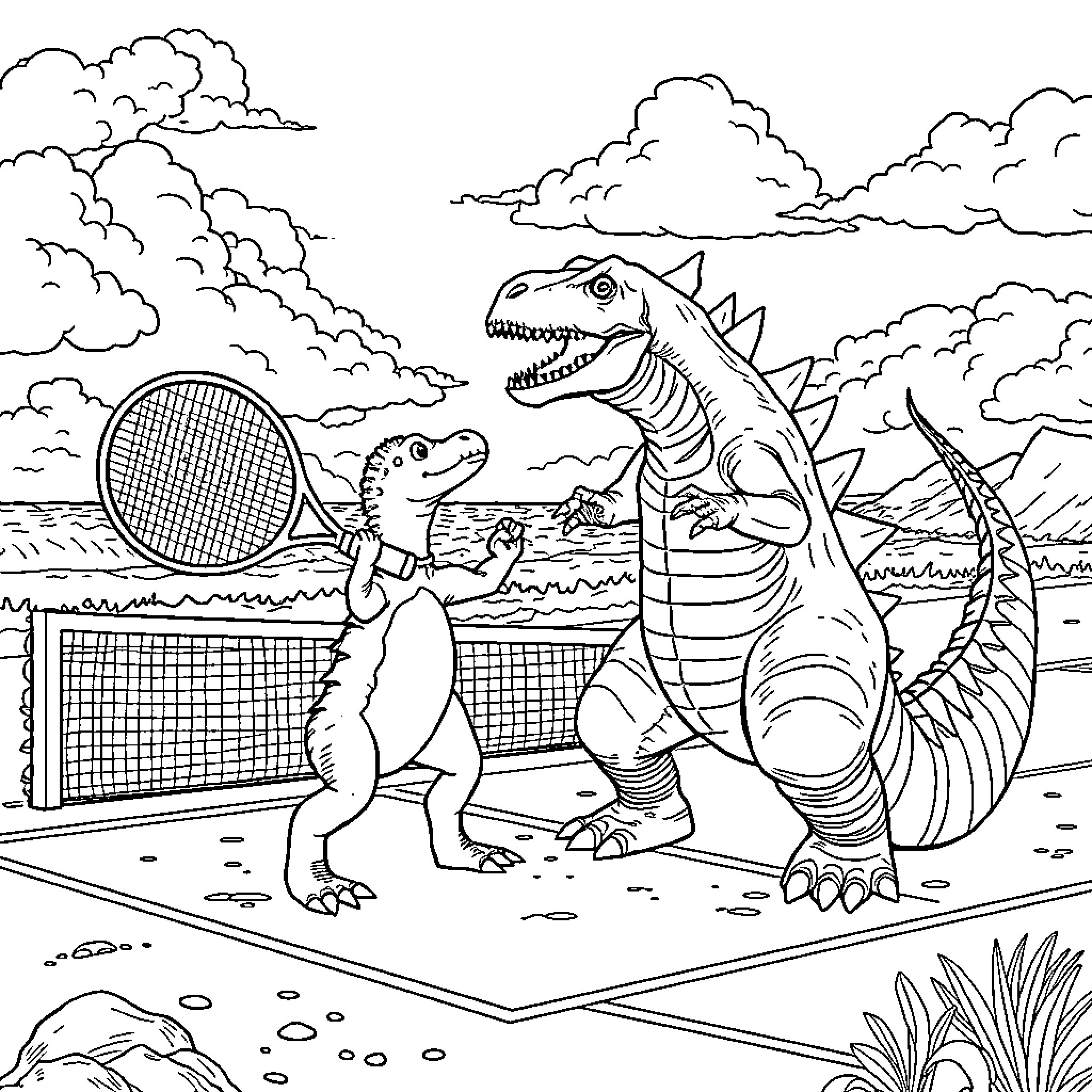 Dinosaurs Playing Tennis in Prehistoric Landscape Coloring Page (free black-and-white line drawing printable PDF for all, from beginners to advanced learners, including children, teens, adults, and seniors)