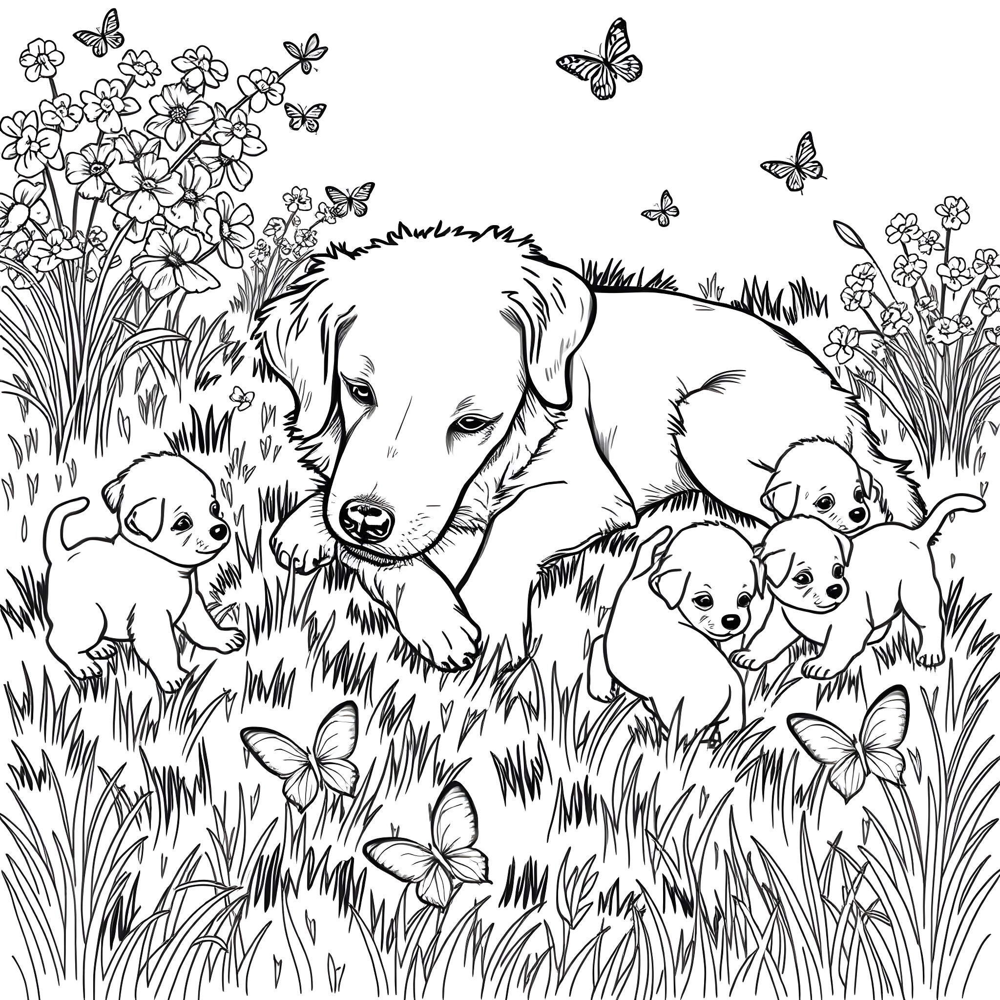 Dog and Puppies Playing with Butterflies in a Flower Field Coloring Page (free black-and-white line drawing printable PDF for all, from beginners to advanced learners, including children, teens, adults, and seniors)