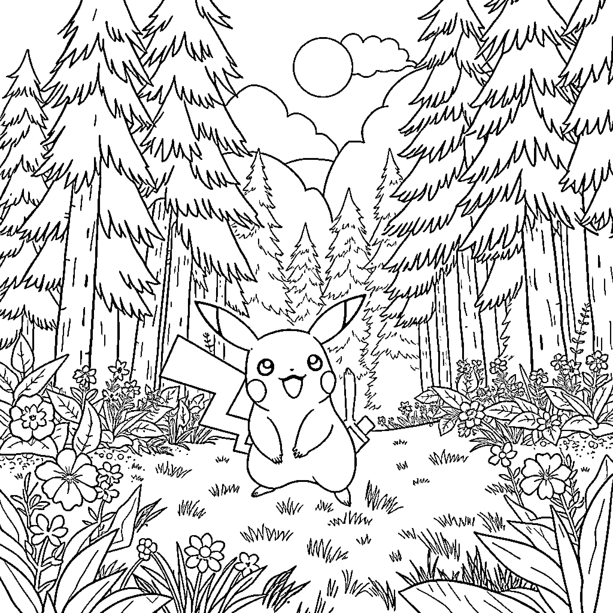 Pikachu exploring the enchanting forest Coloring Page (free black-and-white line drawing printable PDF for all, from beginners to advanced learners, including children, teens, adults, and seniors)