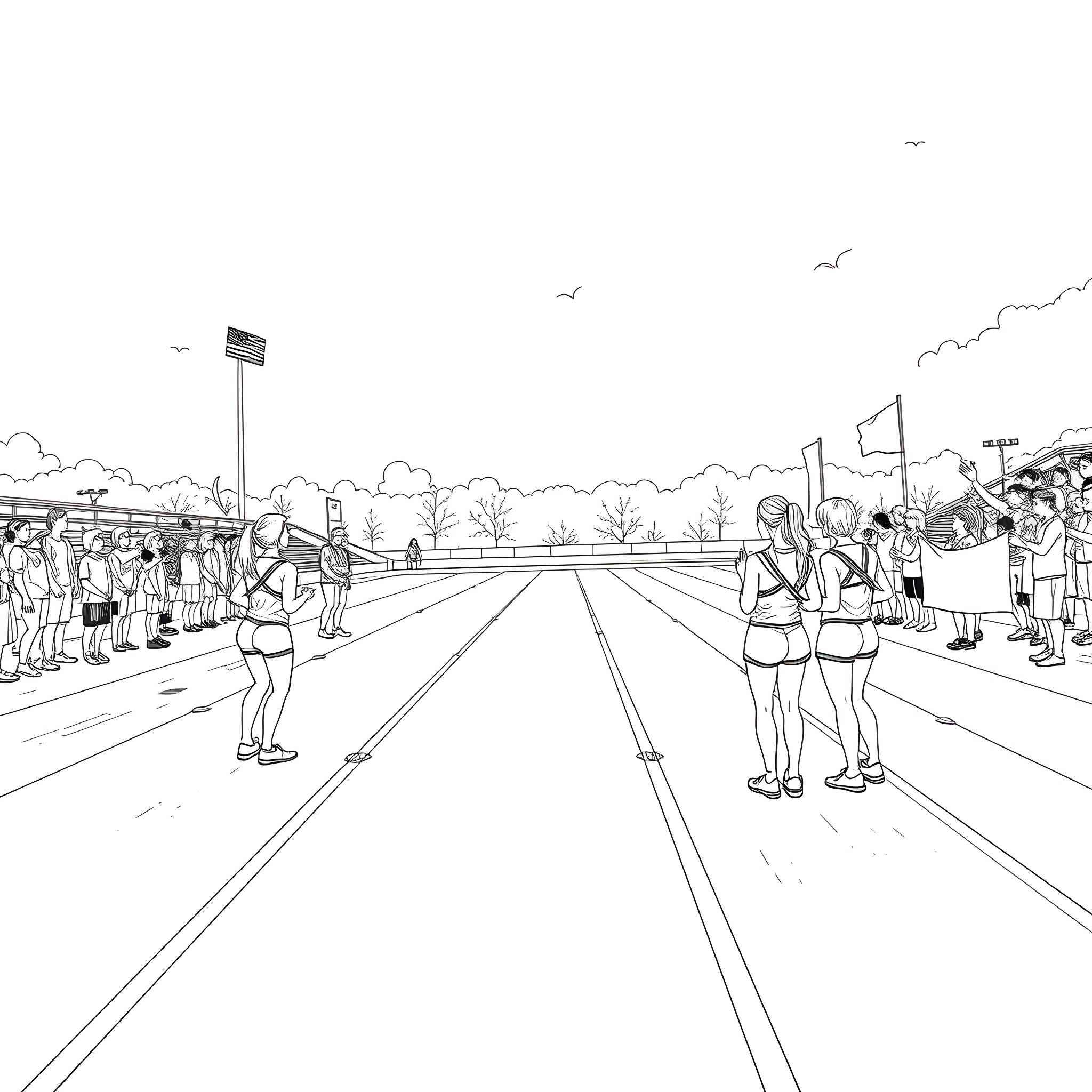 Chloe's Lively Marathon Training Session Coloring Page (free black-and-white line drawing printable PDF for all, from beginners to advanced learners, including children, teens, adults, and seniors)