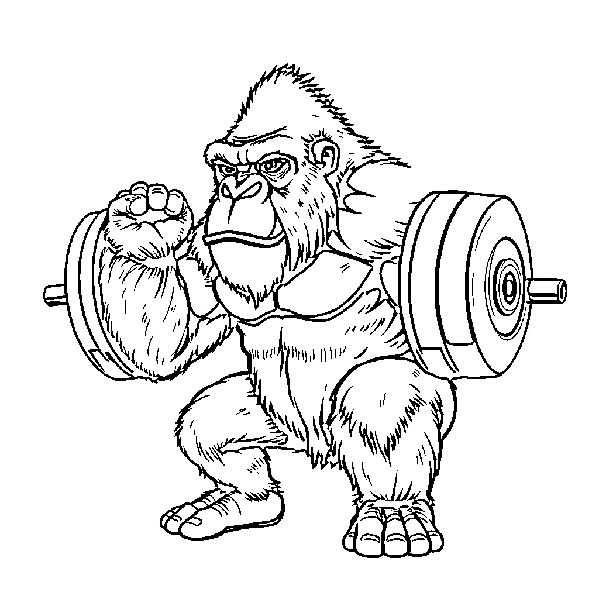 Gorilla Lifting Heavy Weights Coloring Page (free black-and-white line drawing printable PDF for all, from beginners to advanced learners, including children, teens, adults, and seniors)