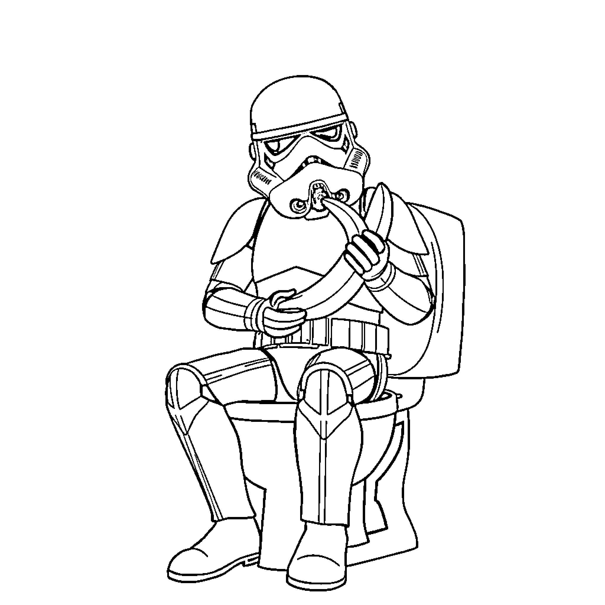 Stormtrooper sitting and contemplating Coloring Page (free black-and-white line drawing printable PDF for all, from beginners to advanced learners, including children, teens, adults, and seniors)