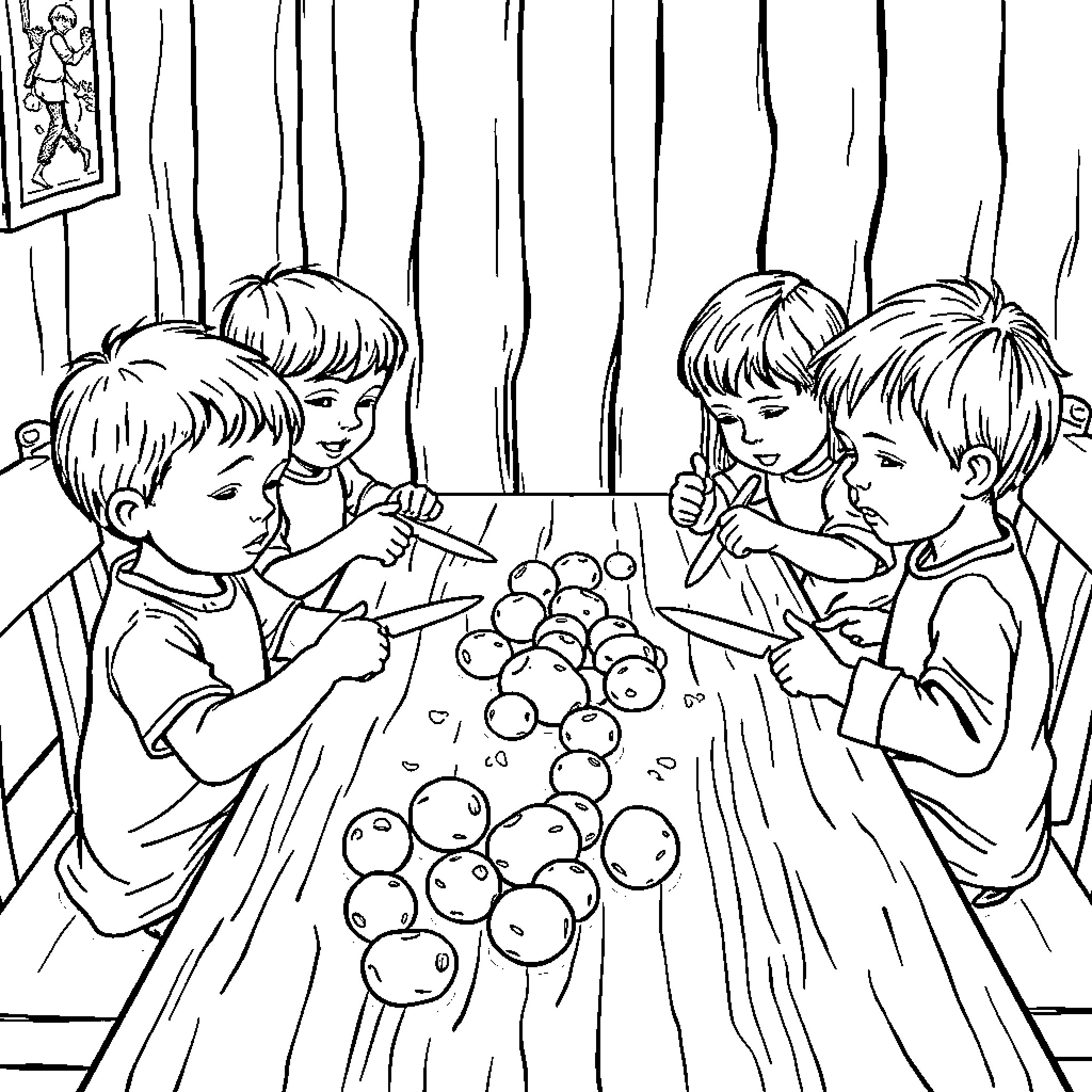 Children playing with toys together indoors Coloring Page (free black-and-white line drawing printable PDF for all, from beginners to advanced learners, including children, teens, adults, and seniors)