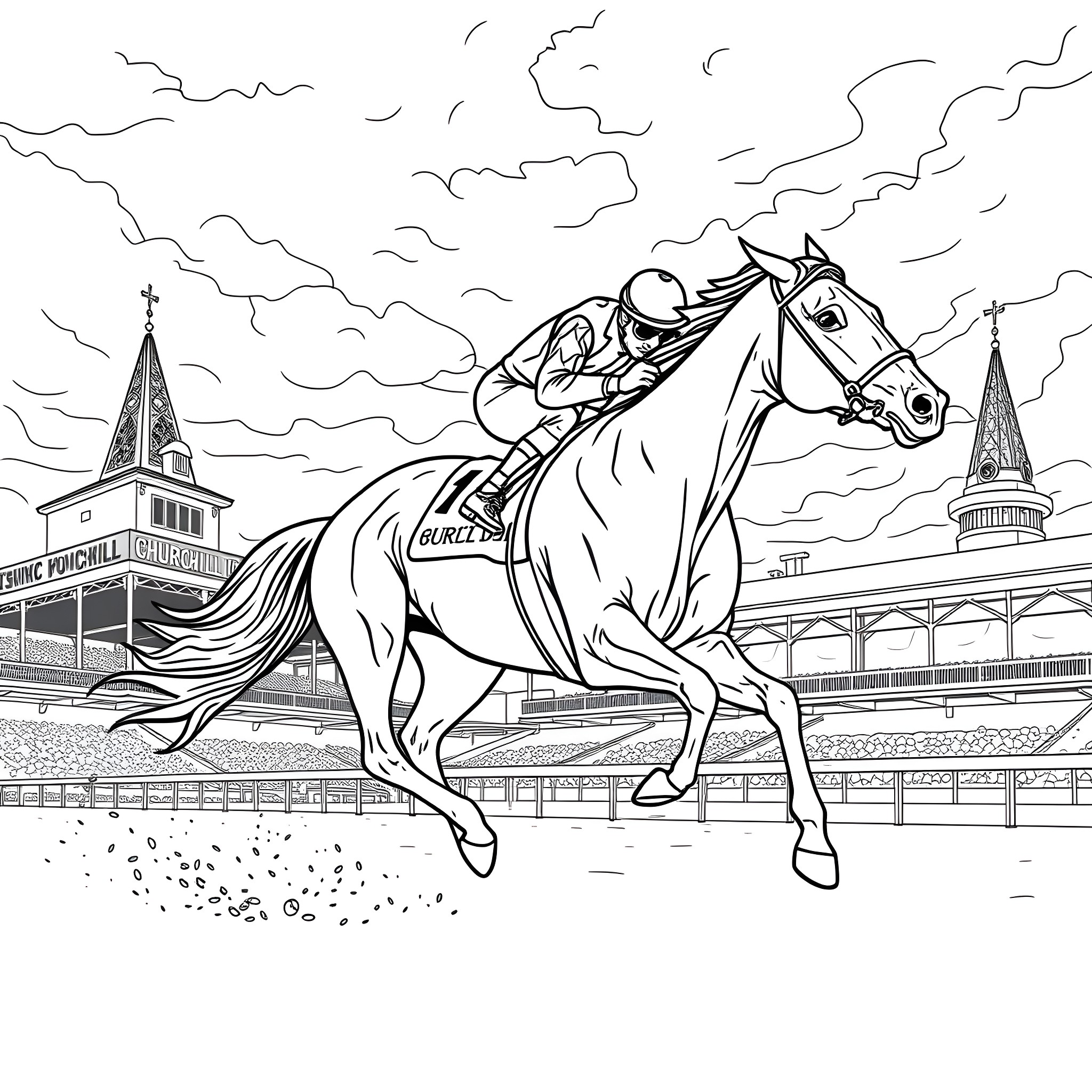 Horse racing at the historic stadium Coloring Page (free black-and-white line drawing printable PDF for all, from beginners to advanced learners, including children, teens, adults, and seniors)