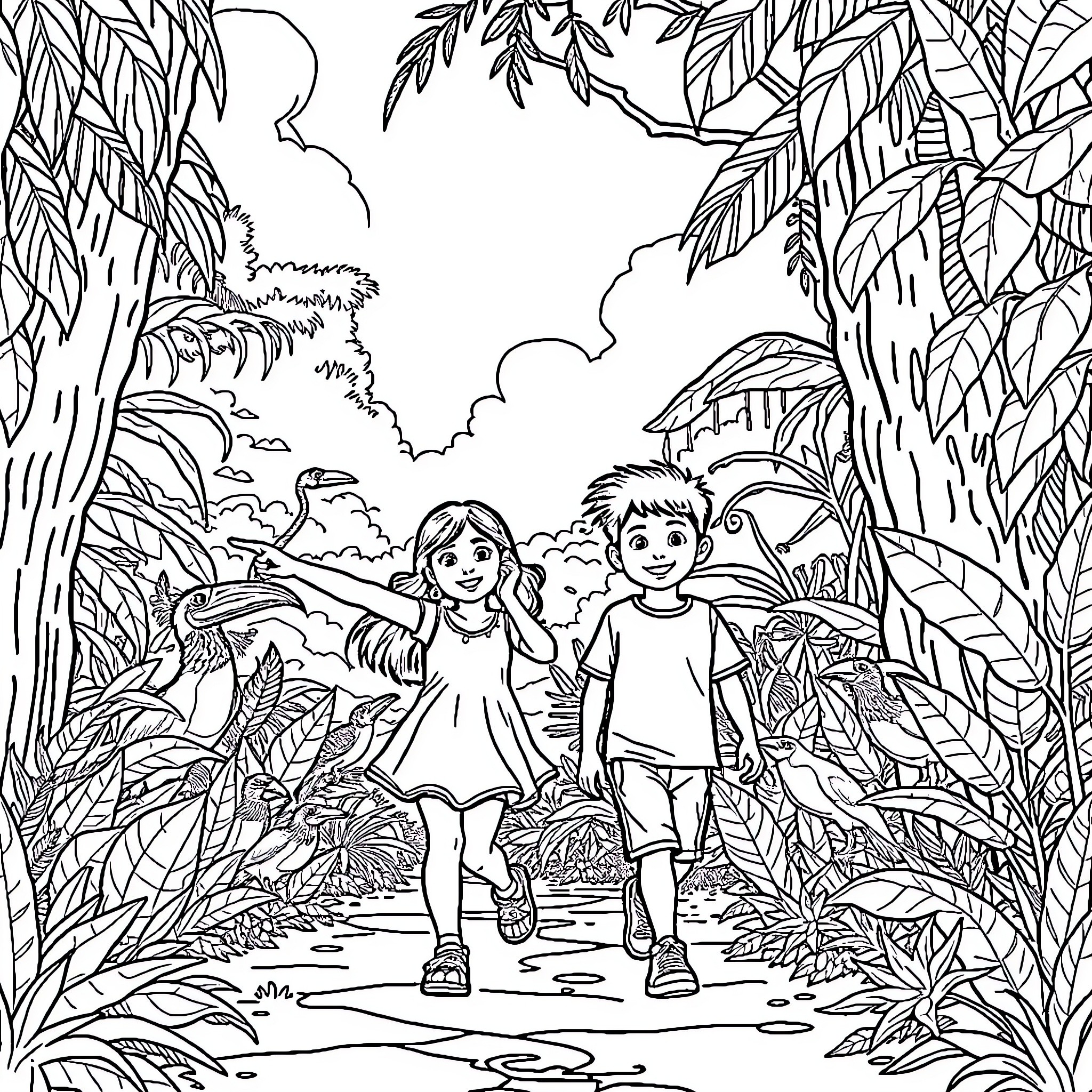 Girl and Boy Exploring the Lush Jungle Coloring Page (free black-and-white line drawing printable PDF for all, from beginners to advanced learners, including children, teens, adults, and seniors)