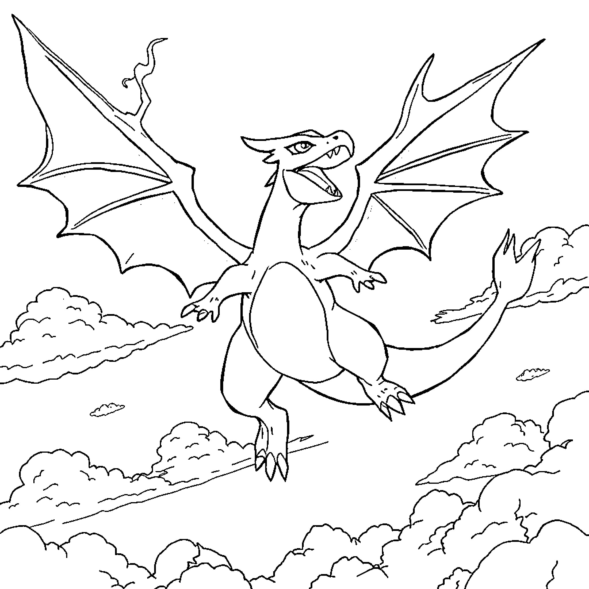 Charizard soaring amidst clouds in the sky Coloring Page (free black-and-white line drawing printable PDF for all, from beginners to advanced learners, including children, teens, adults, and seniors)