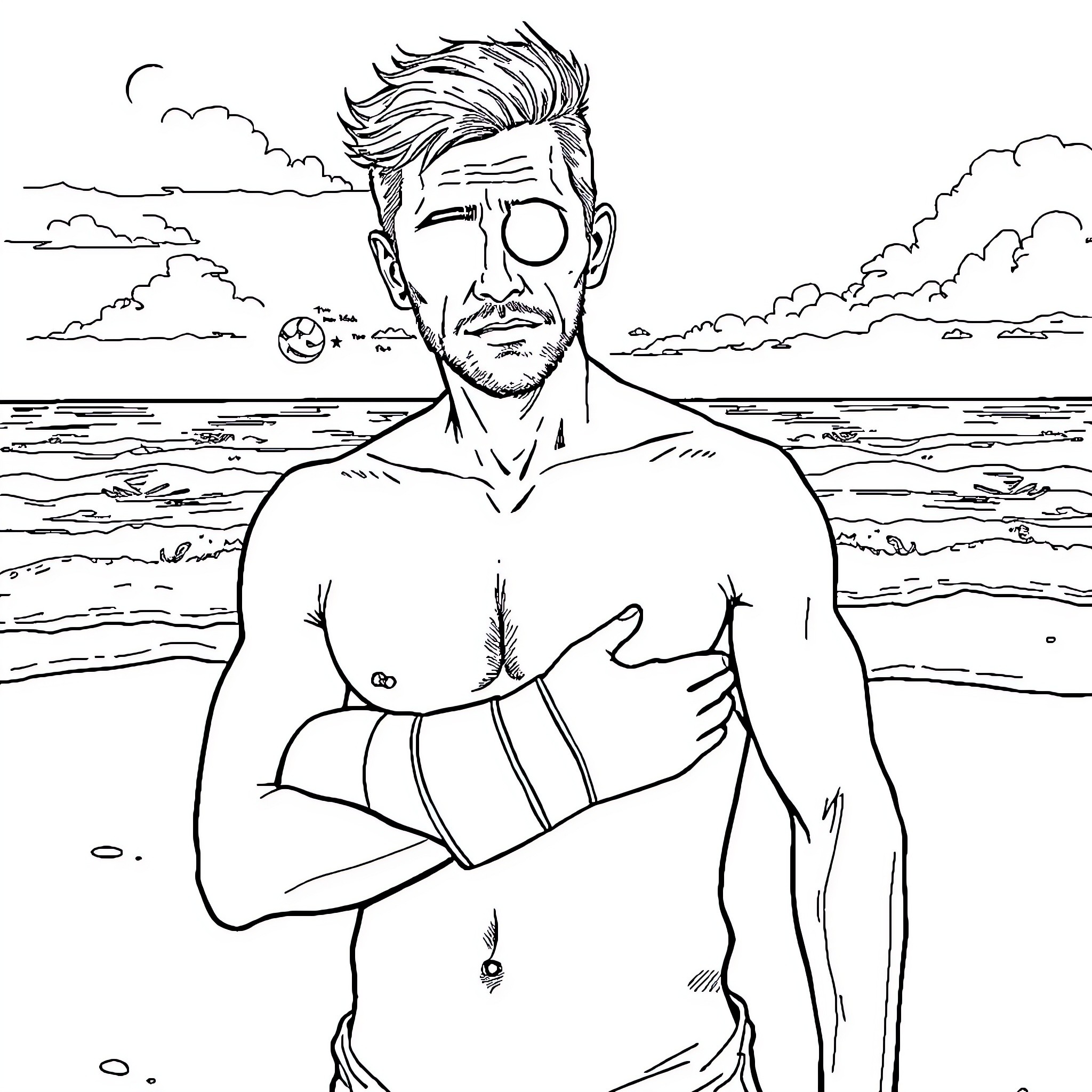 Man standing shirtless by the ocean Coloring Page (free black-and-white line drawing printable PDF for all, from beginners to advanced learners, including children, teens, adults, and seniors)