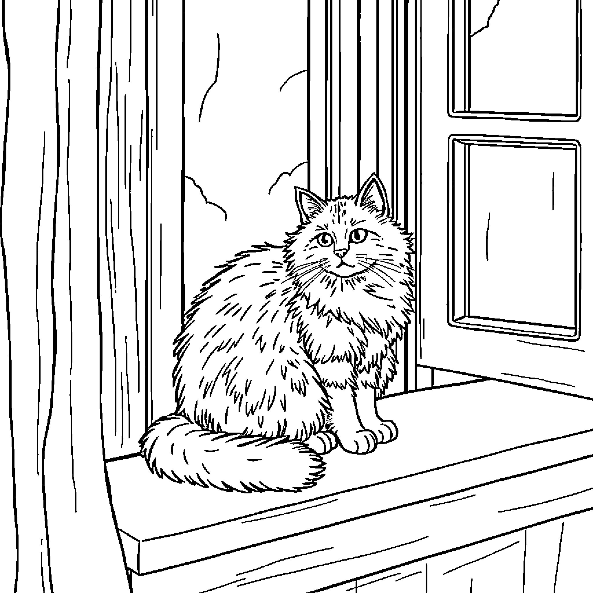 Cat looking out the window Coloring Page (free black-and-white line drawing printable PDF for all, from beginners to advanced learners, including children, teens, adults, and seniors)