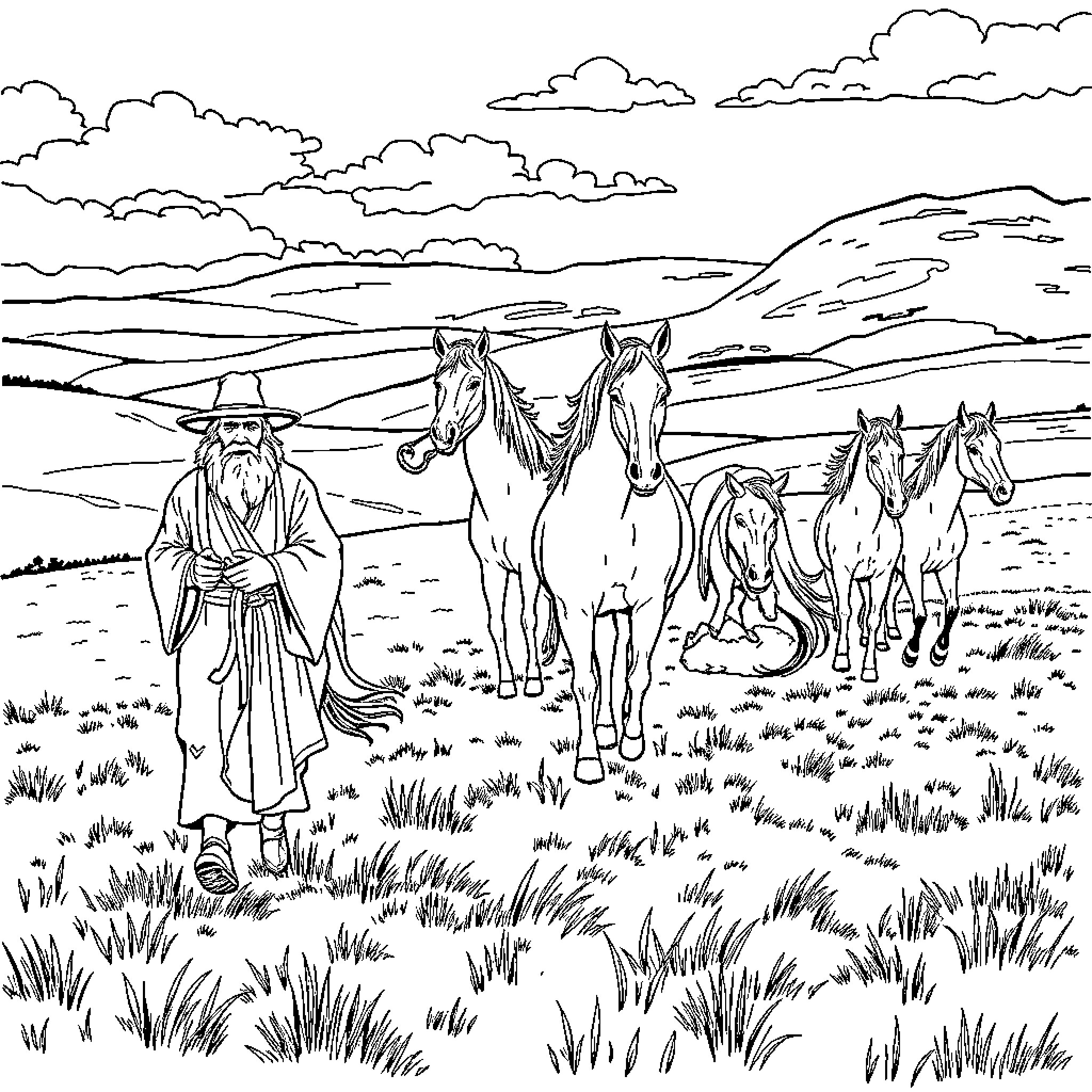 Fool's Journey with Horses Through Hilly Landscape Coloring Page (free black-and-white line drawing printable PDF for all, from beginners to advanced learners, including children, teens, adults, and seniors)