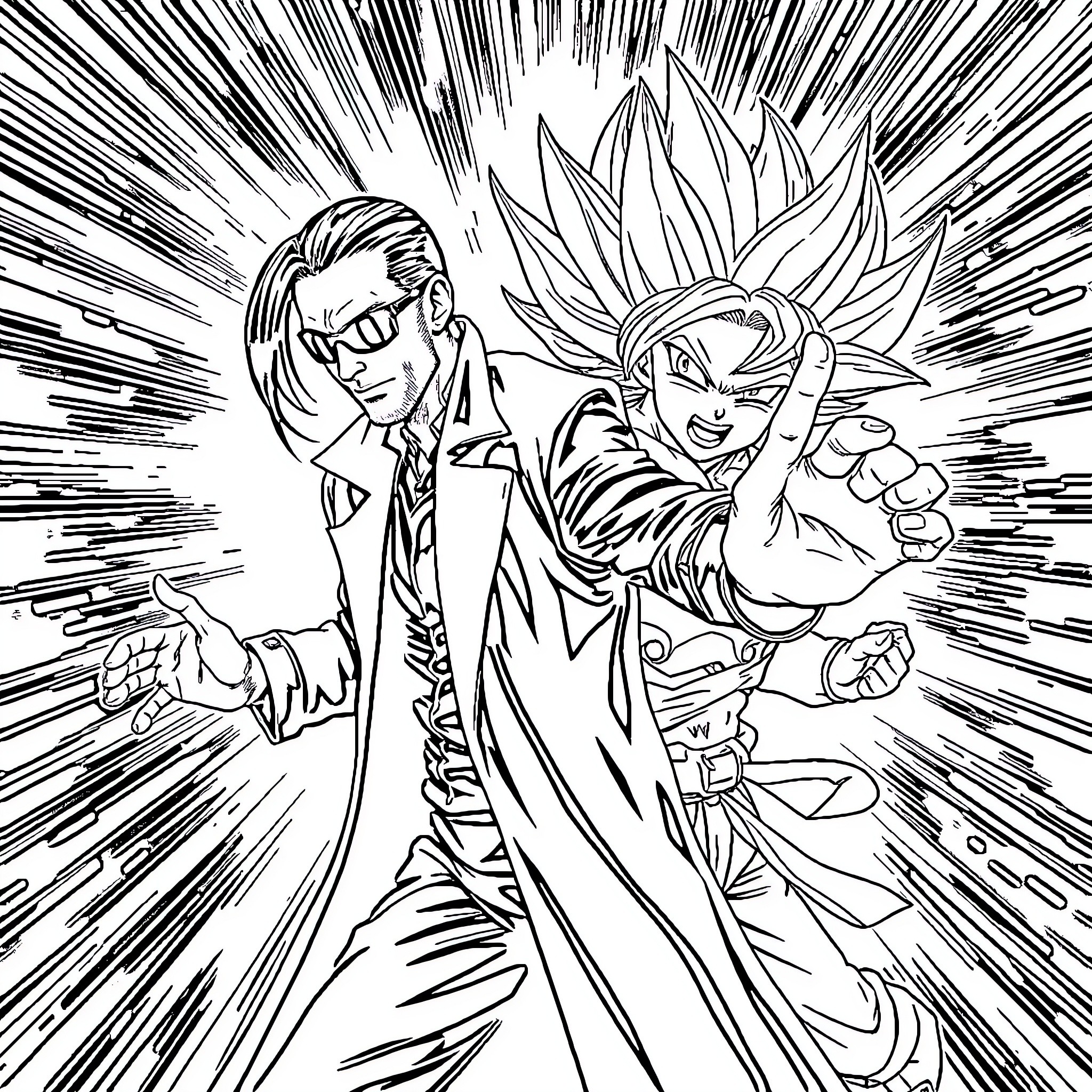 Neo-Powered Heroes Battle Fiercely Coloring Page (free black-and-white line drawing printable PDF for all, from beginners to advanced learners, including children, teens, adults, and seniors)